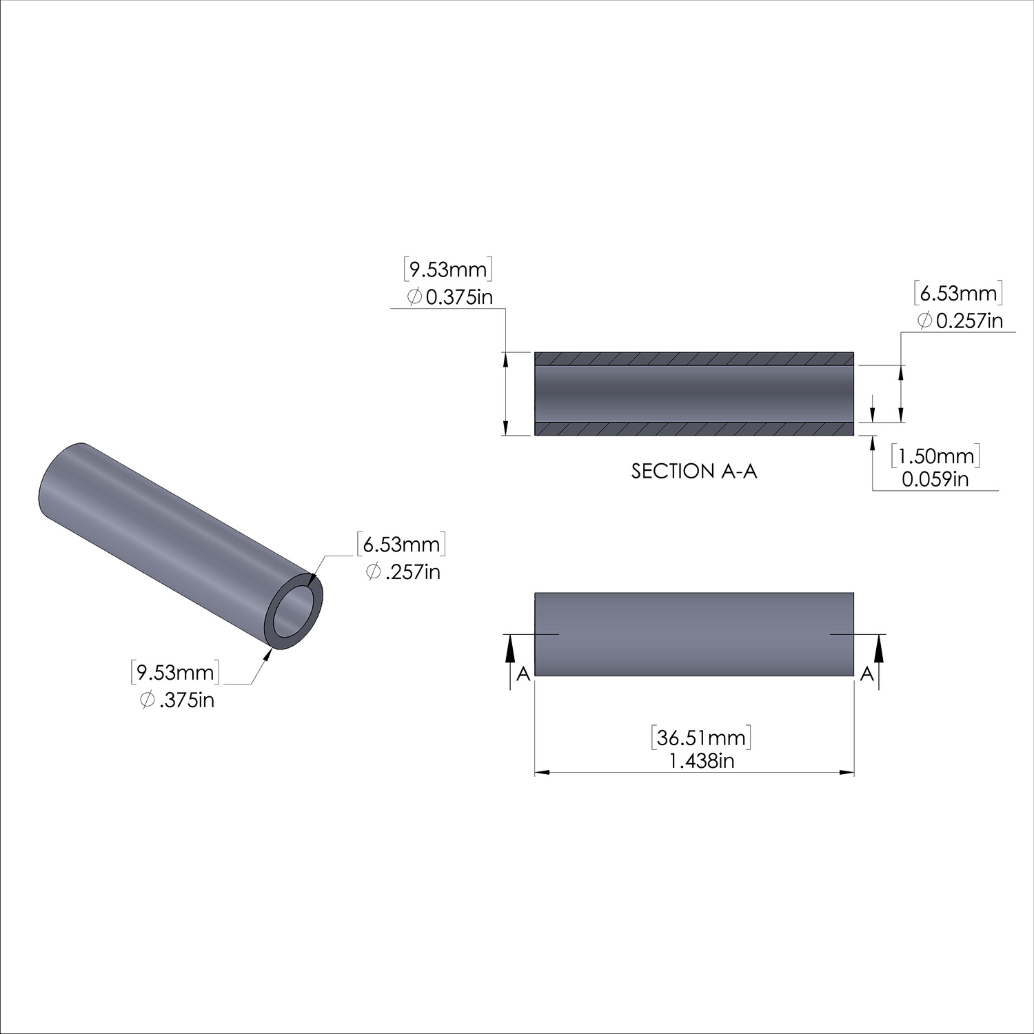 Aluminum Spacer 3/8'' OD x .257'' ID x 1-7/16'' Long, Plain Aluminum Finish