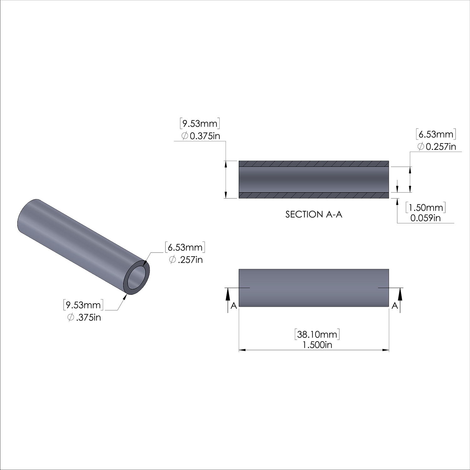 Aluminum Spacer 3/8'' OD x .257'' ID x 1-1/2'' Long, Black Anodized Finish