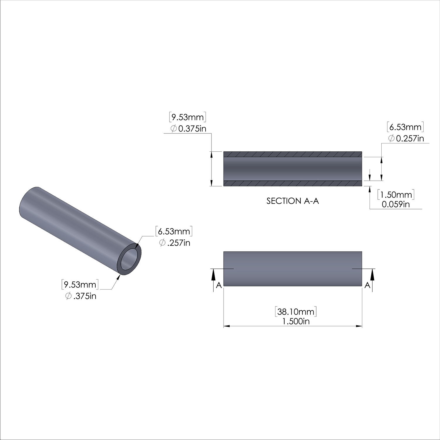 Aluminum Spacer 3/8'' OD x .257'' ID x 1-1/2'' Long