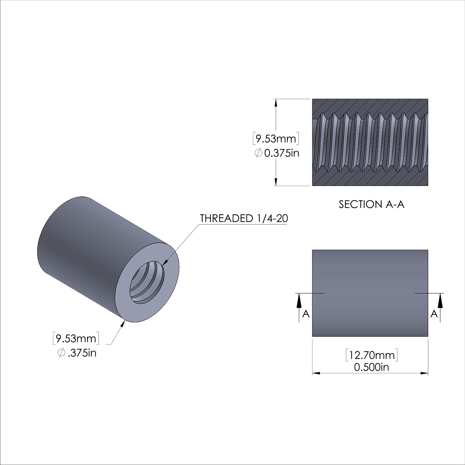 Aluminum Standoff 3/8'' OD x 1/4-20 Thread x 1/2'' Long, Plain Aluminum Finish