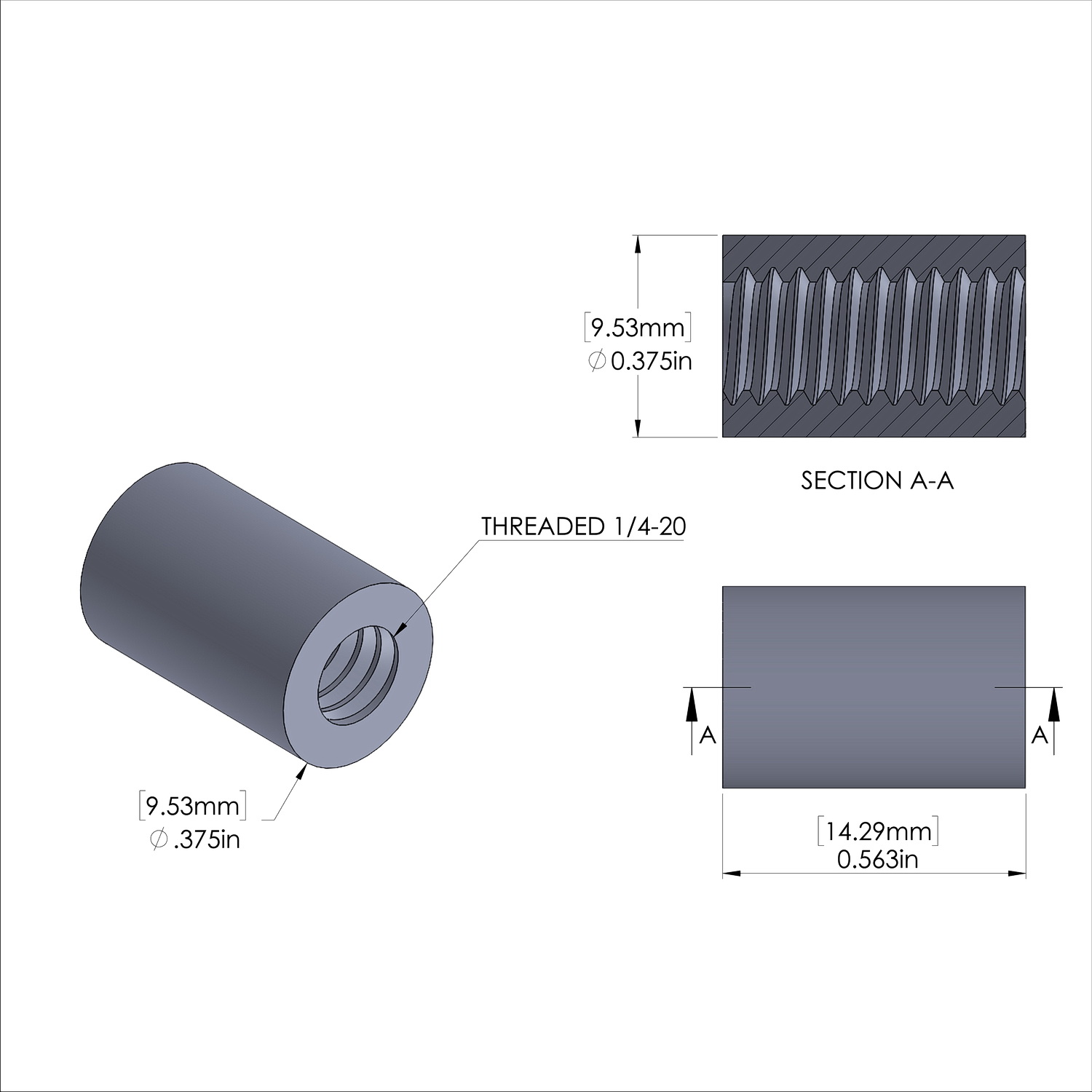 Aluminum Standoff 3/8'' OD x 1/4-20 Thread x 9/16'' Long, Plain Aluminum Finish