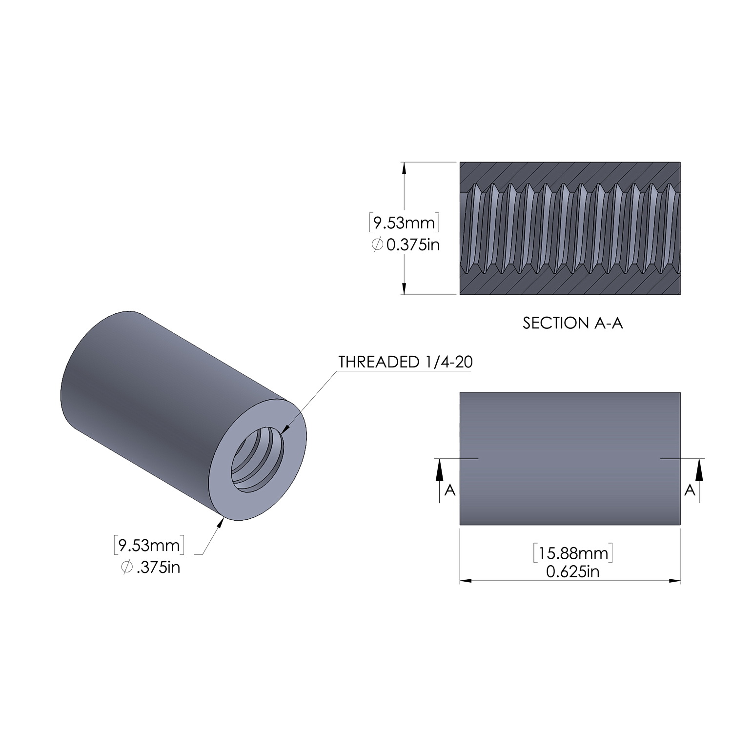 Aluminum Standoff 3/8'' OD x 1/4-20 Thread x 5/8'' Long