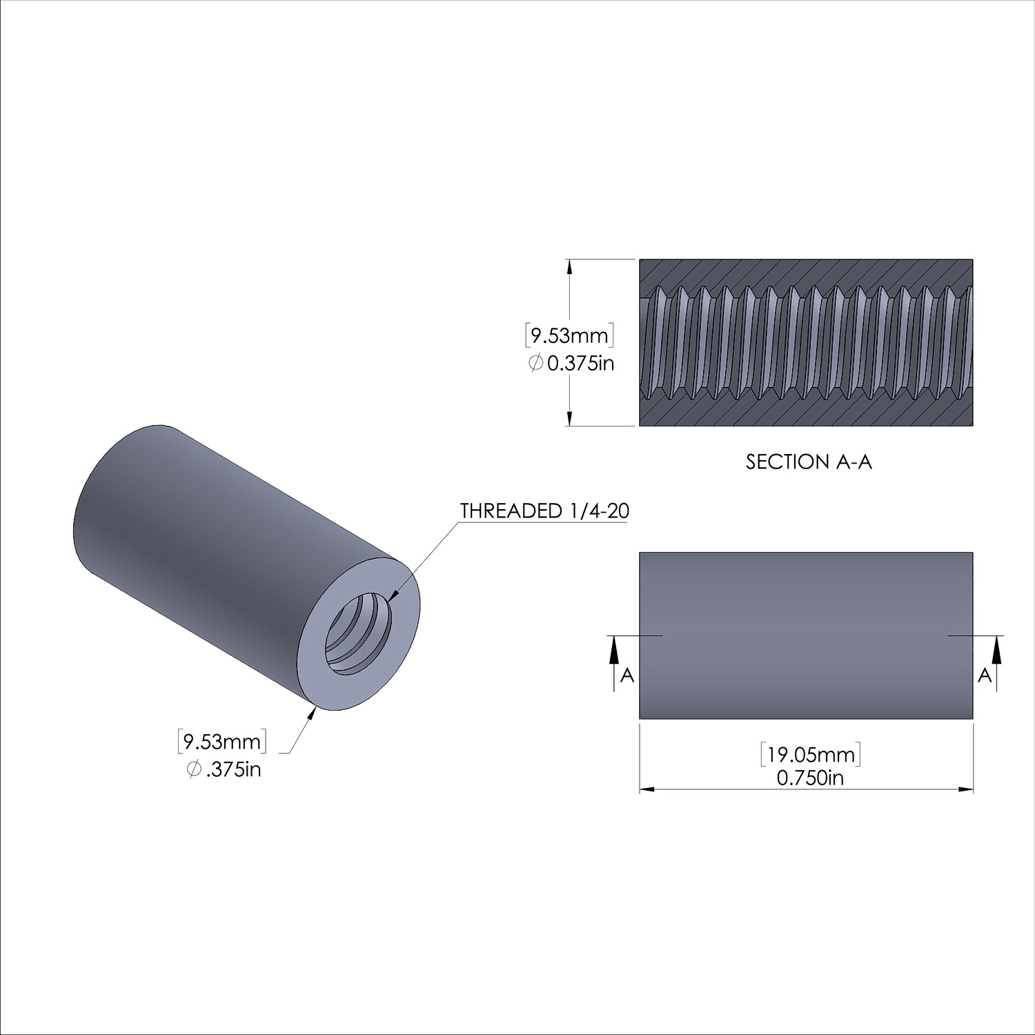 Aluminum Standoff 3/8'' OD x 1/4-20 Thread x 3/4'' Long