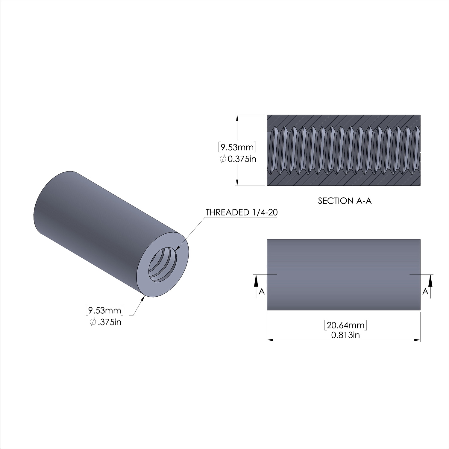 Aluminum Standoff 3/8'' OD x 1/4-20 Thread x 13/16'' Long, Plain Aluminum Finish
