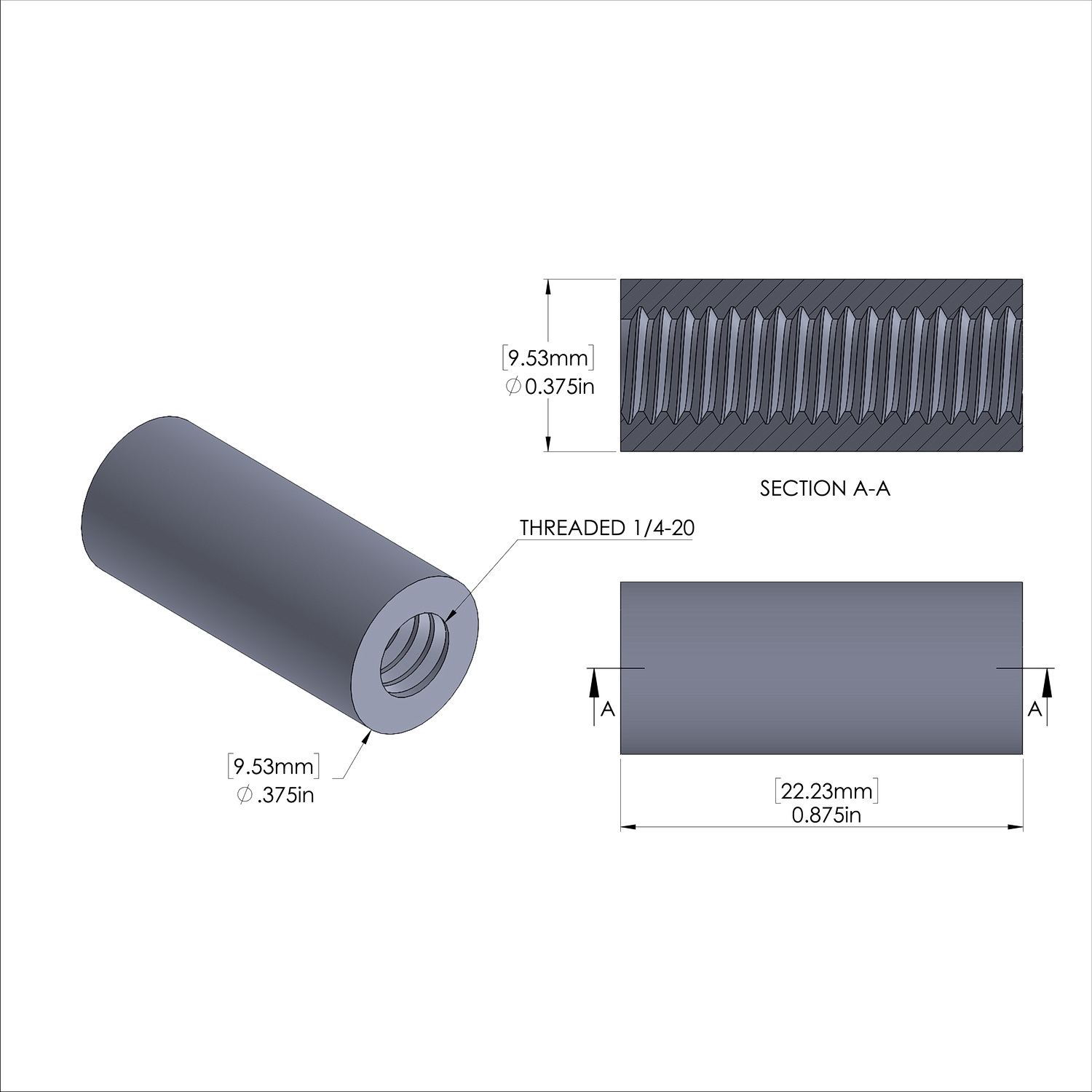 Aluminum Standoff 3/8'' OD x 1/4-20 Thread x 7/8'' Long, Plain Aluminum Finish