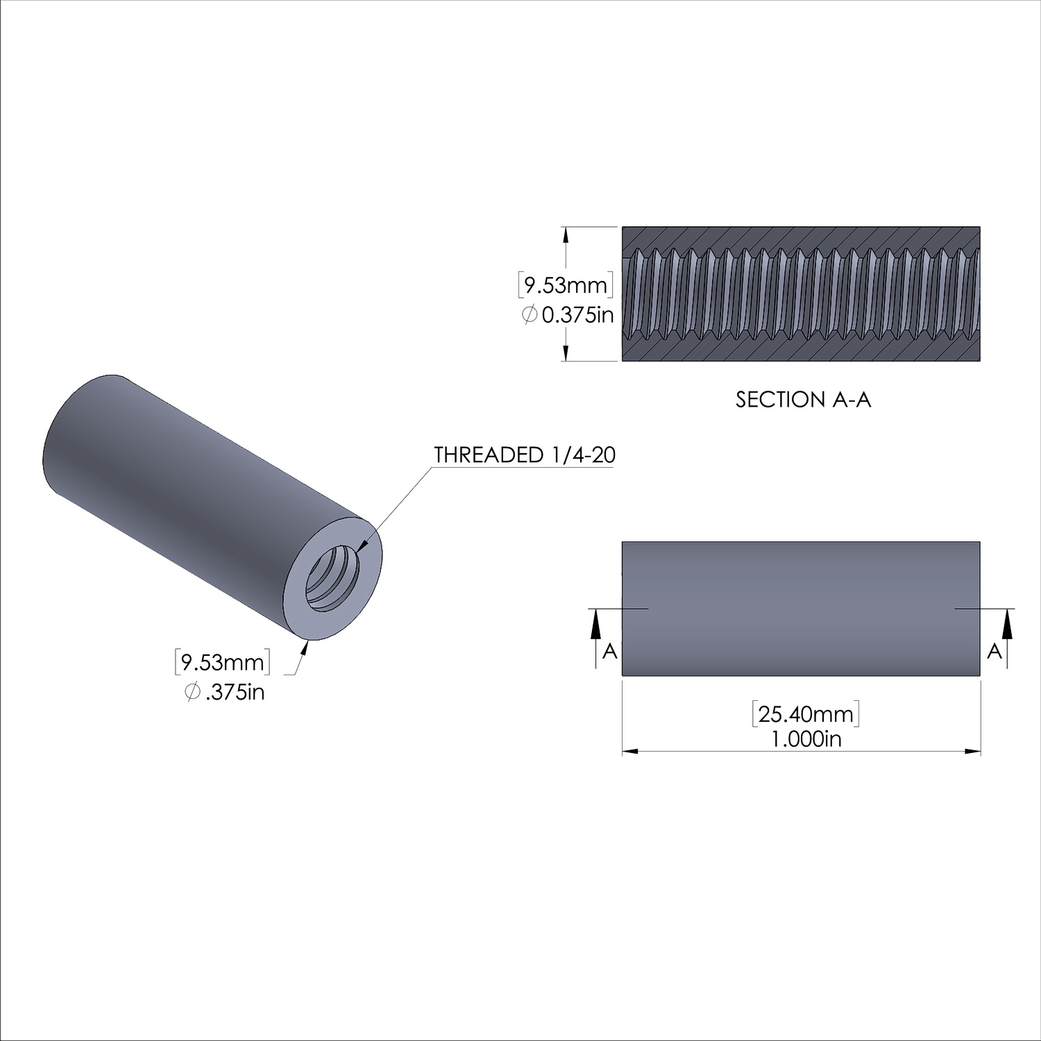 Aluminum Standoff 3/8'' OD x 1/4-20 Thread x 1'' Long, Plain Aluminum Finish