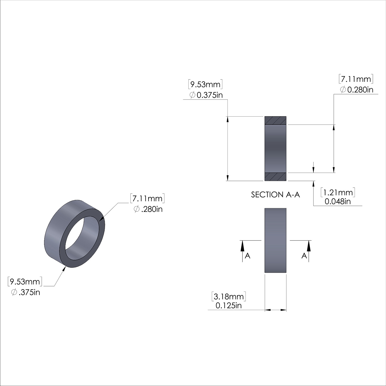 Aluminum Spacer 3/8'' OD x .280'' ID x 1/8'' Long