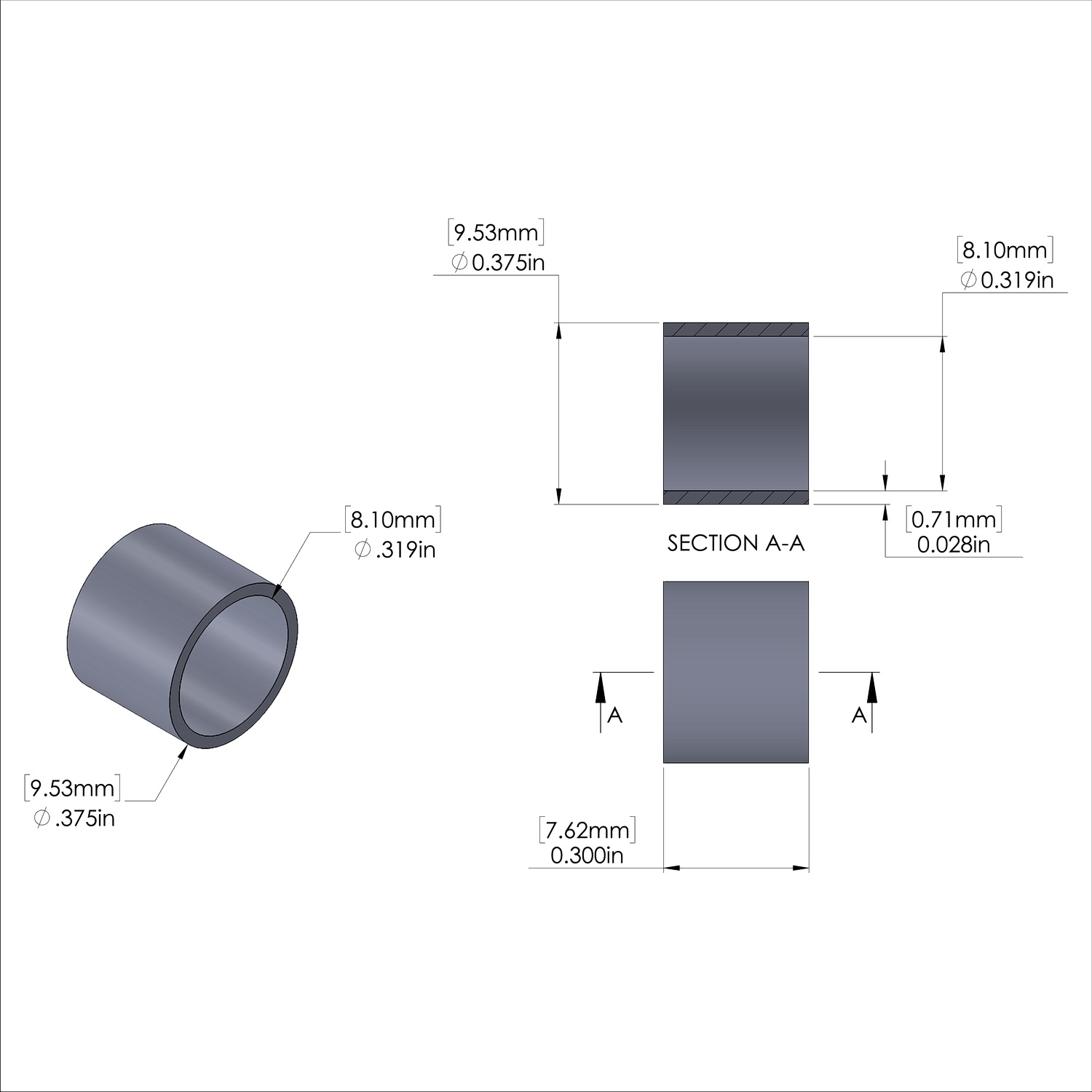 Aluminum Spacer 3/8'' OD x .319'' ID x .300'' Long