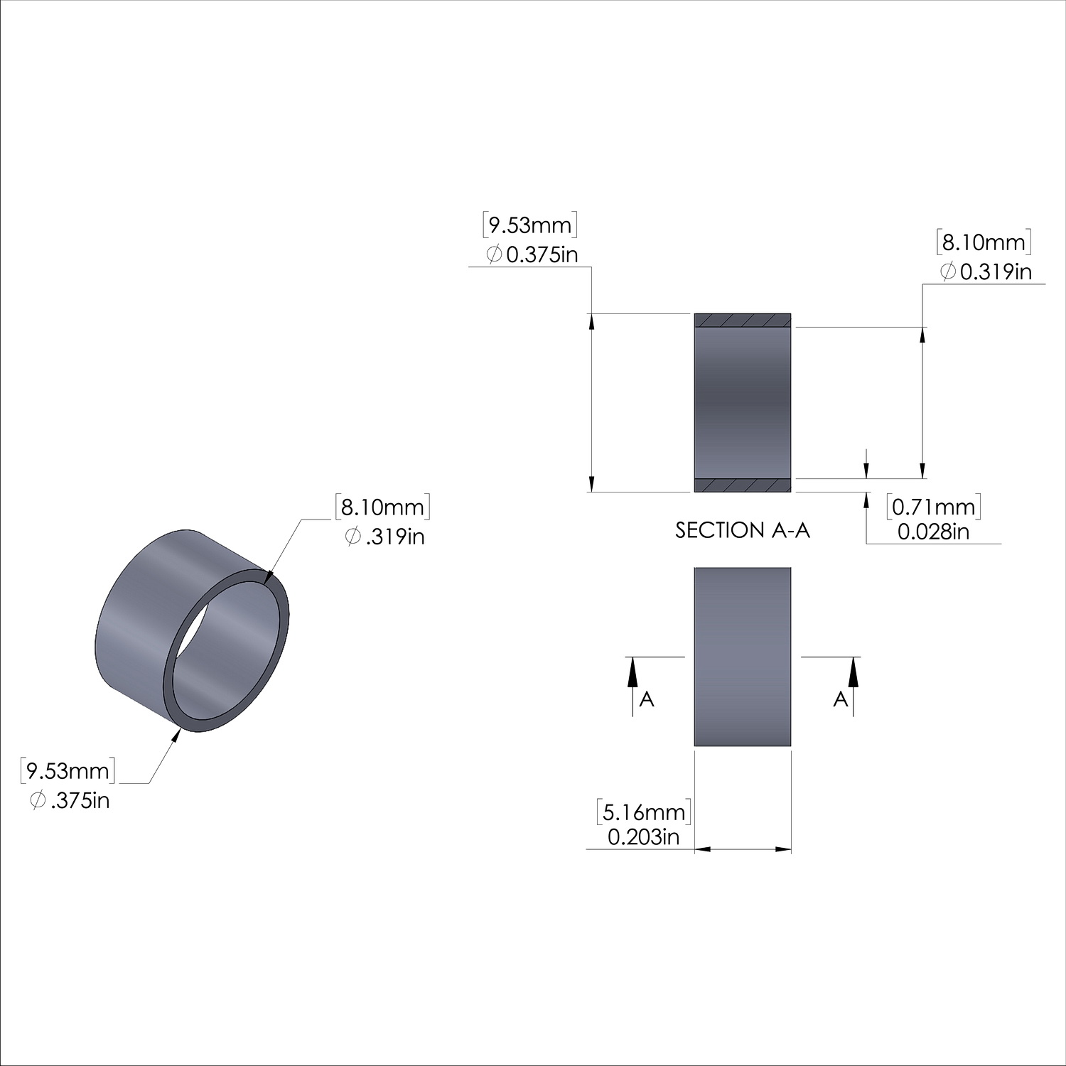 Aluminum Spacer 3/8'' OD x .319'' ID x 13/64'' Long, Plain Aluminum Finish