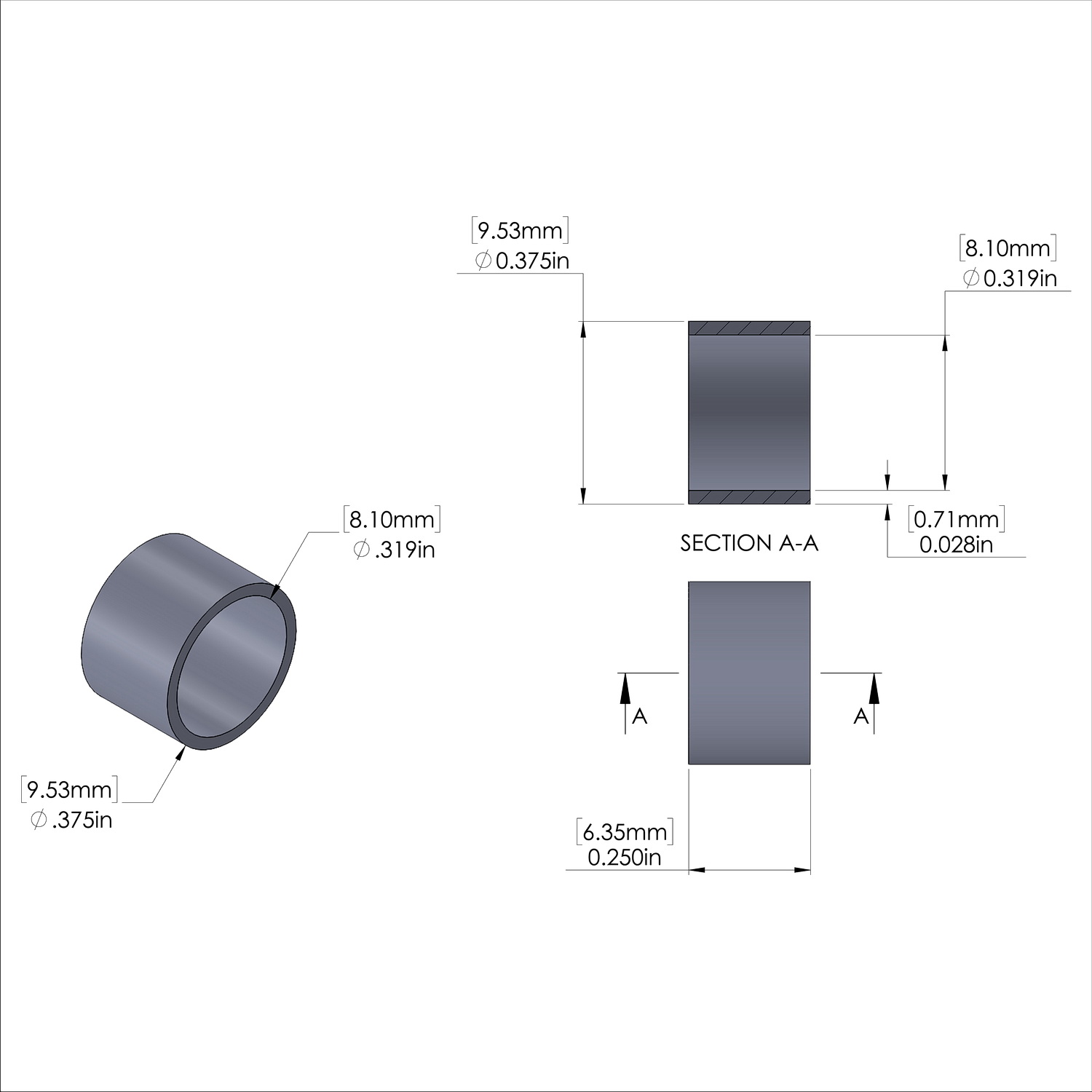 Aluminum Spacer 3/8'' OD x .319'' ID x 1/4'' Long, Plain Aluminum Finish
