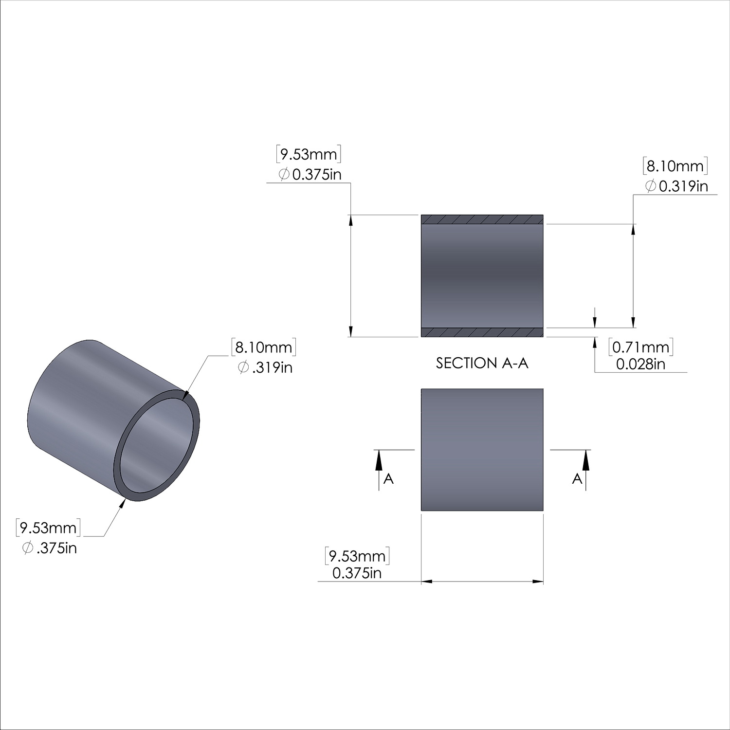 Aluminum Spacer 3/8'' OD x .319'' ID x 3/8'' Long, Plain Aluminum Finish