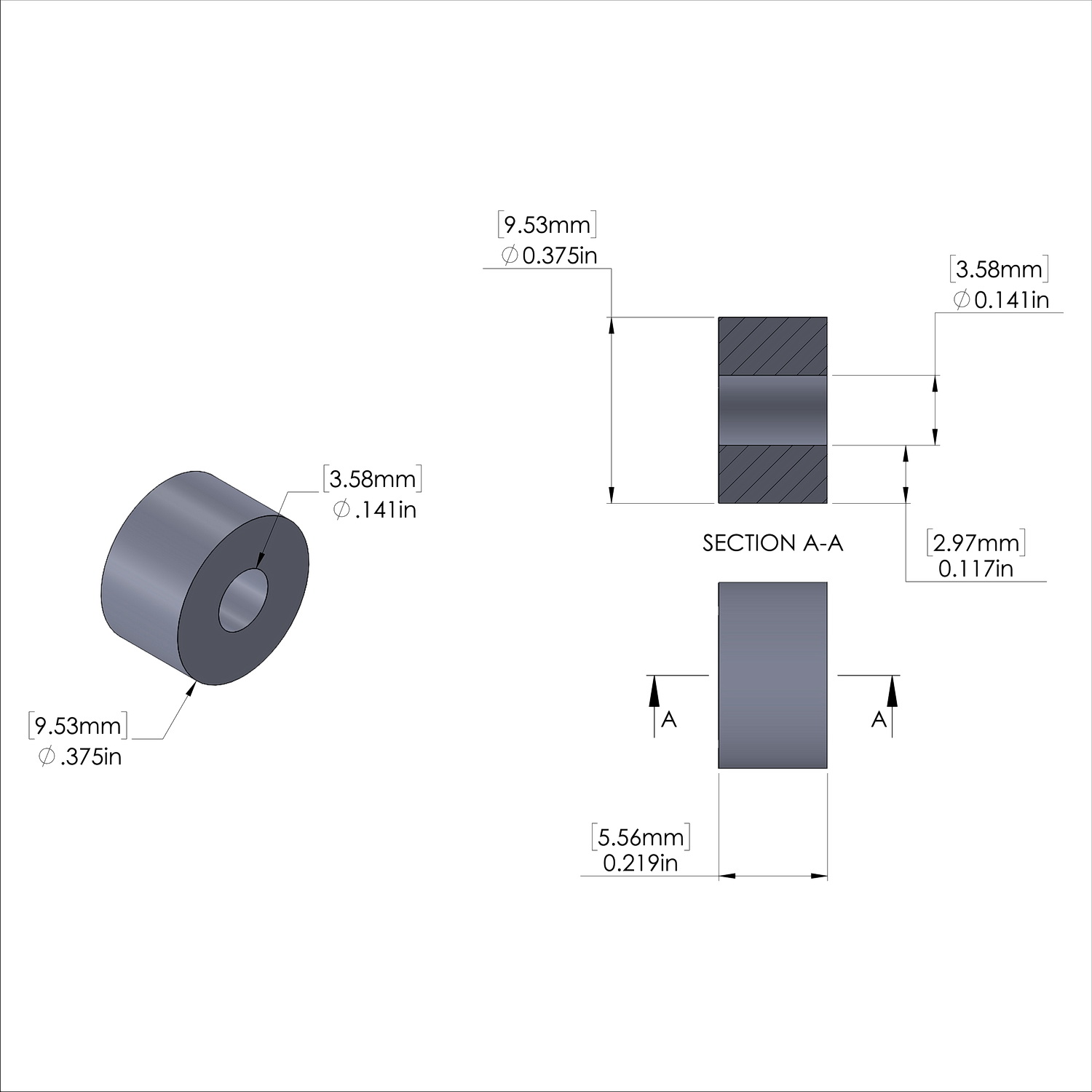 Aluminum Spacer 3/8'' OD x .141'' ID x 7/32'' Long, Plain Aluminum Finish