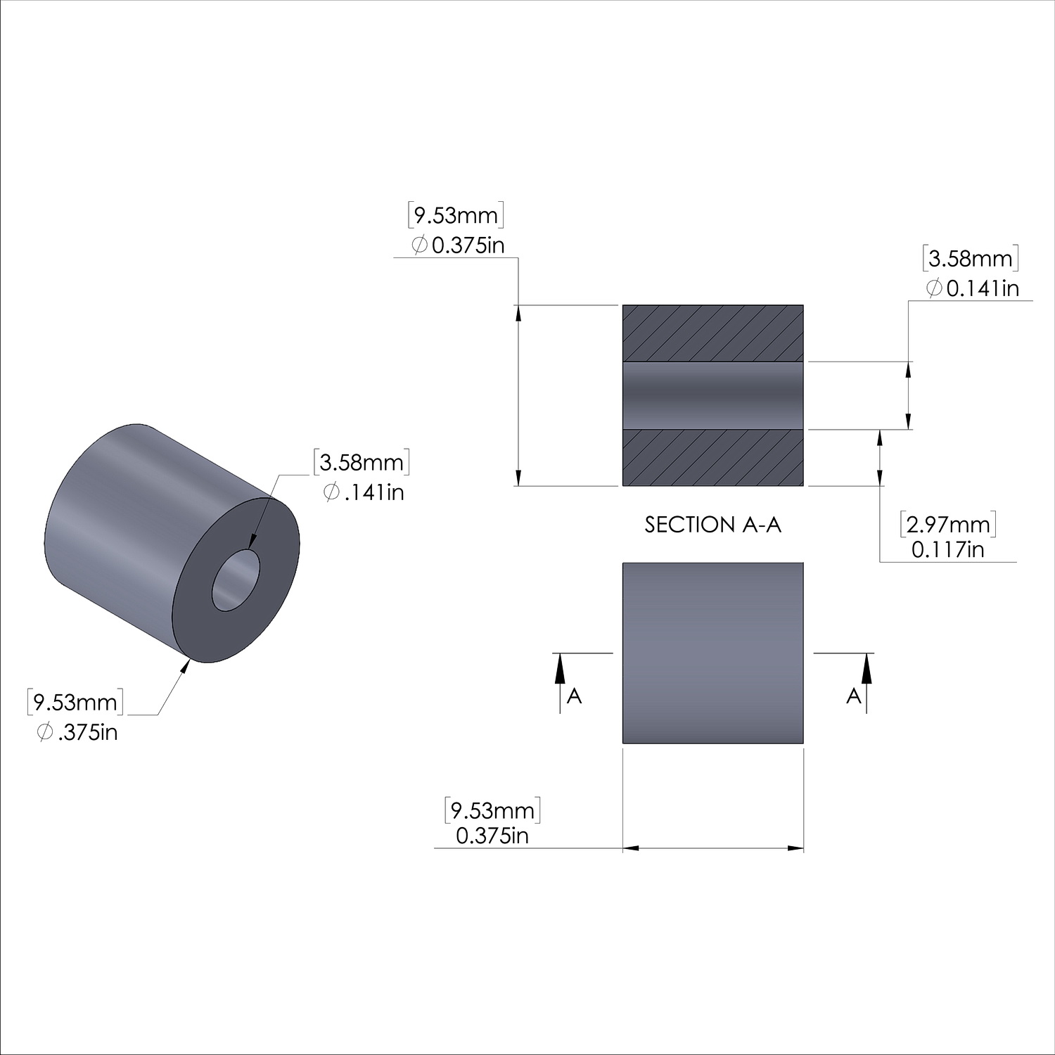 Aluminum Spacer 3/8'' OD x .141'' ID x 3/8'' Long