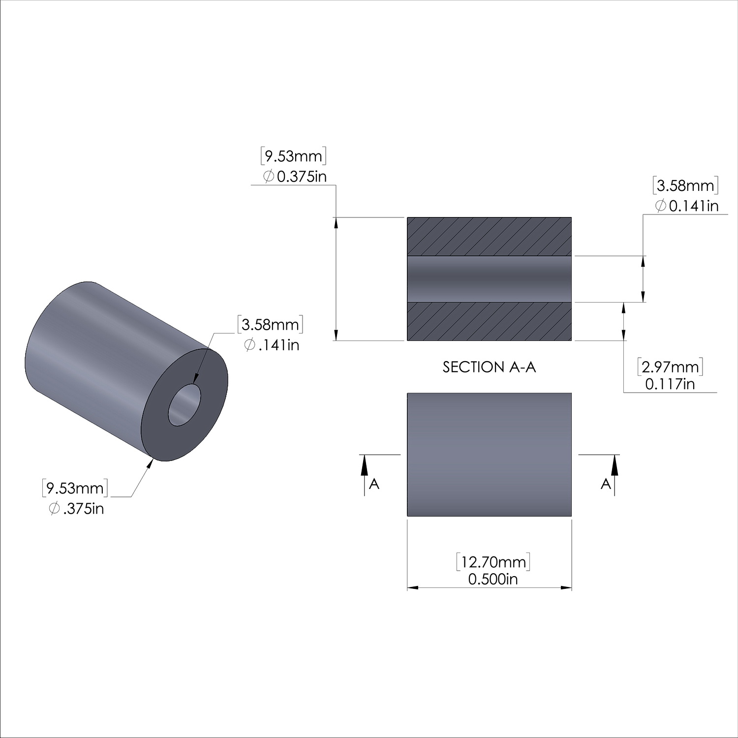 Aluminum Spacer 3/8'' OD x .141'' ID x 1/2'' Long