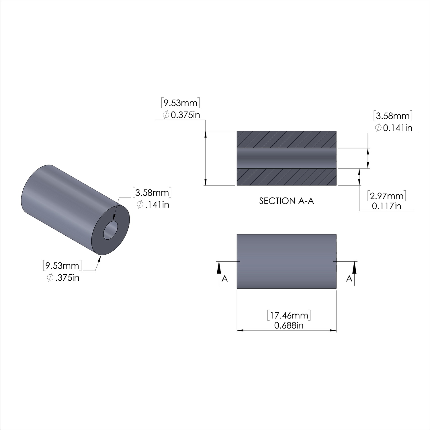 Aluminum Spacer 3/8'' OD x .141'' ID x 11/16'' Long, Plain Aluminum Finish