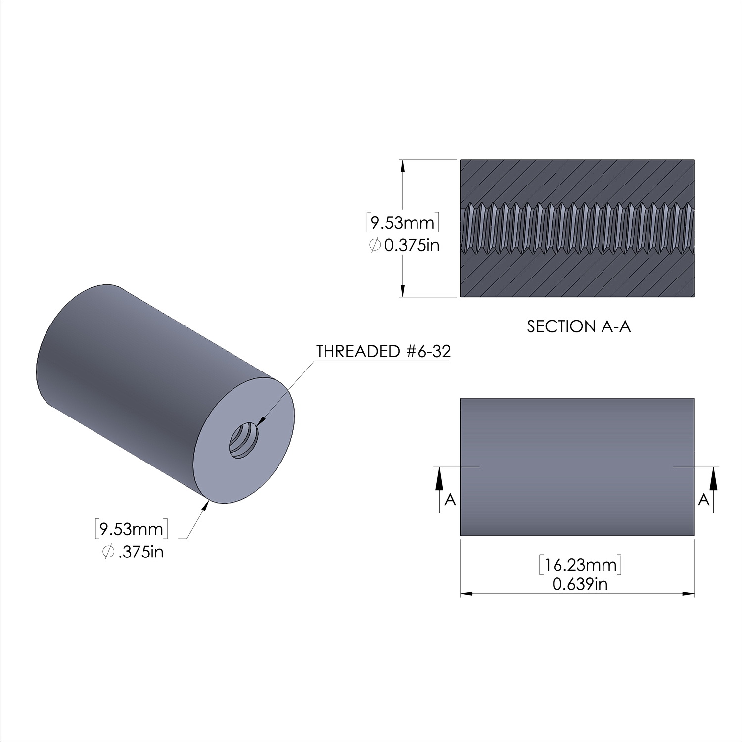 Aluminum Standoff 3/8'' OD x 6-32 Thread x .639, Plain Aluminum Finish