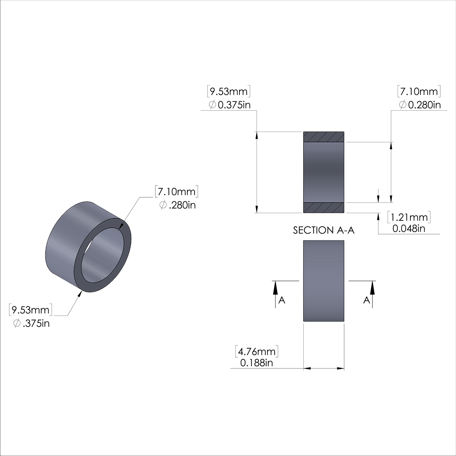Aluminum Spacer 3/8'' OD x 7.1mm ID x 3/16'' Long, Plain Aluminum Finish