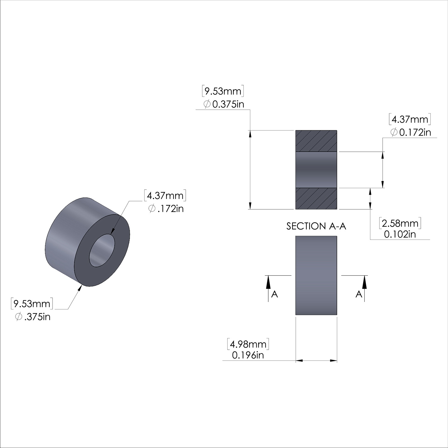 Aluminum Spacer 3/8'' OD x .172'' ID x .196'' Long