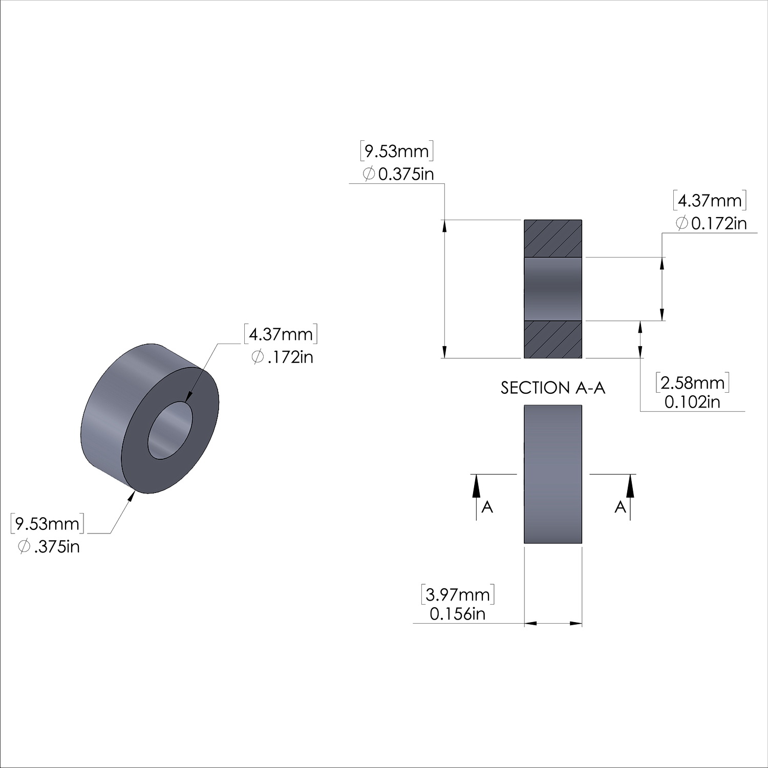 Aluminum Spacer 3/8'' OD x .172'' ID x 5/32'' Long, Plain Aluminum Finish