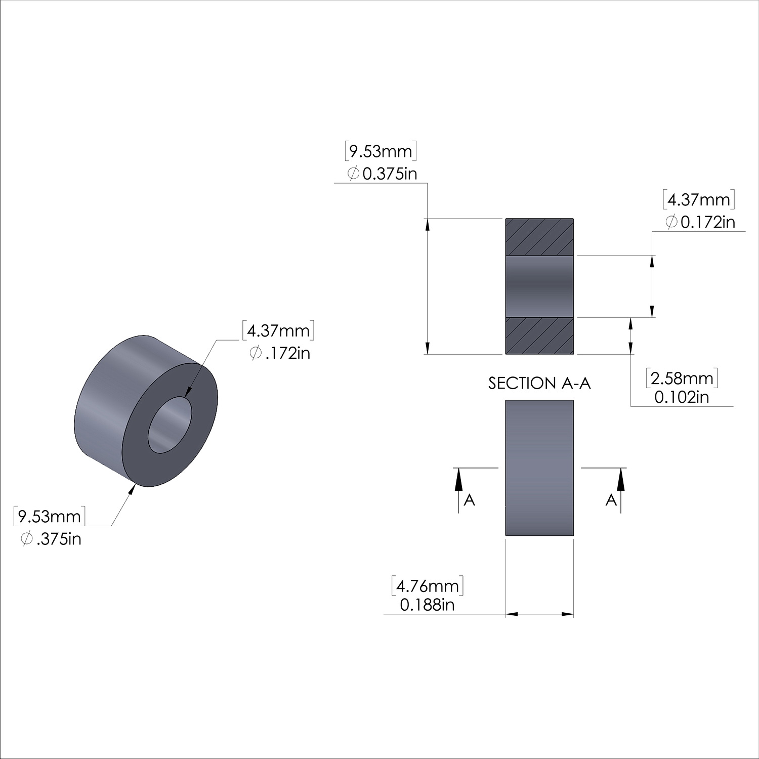 Aluminum Spacer 3/8'' OD x .172'' ID x 3/16'' Long, Plain Aluminum Finish