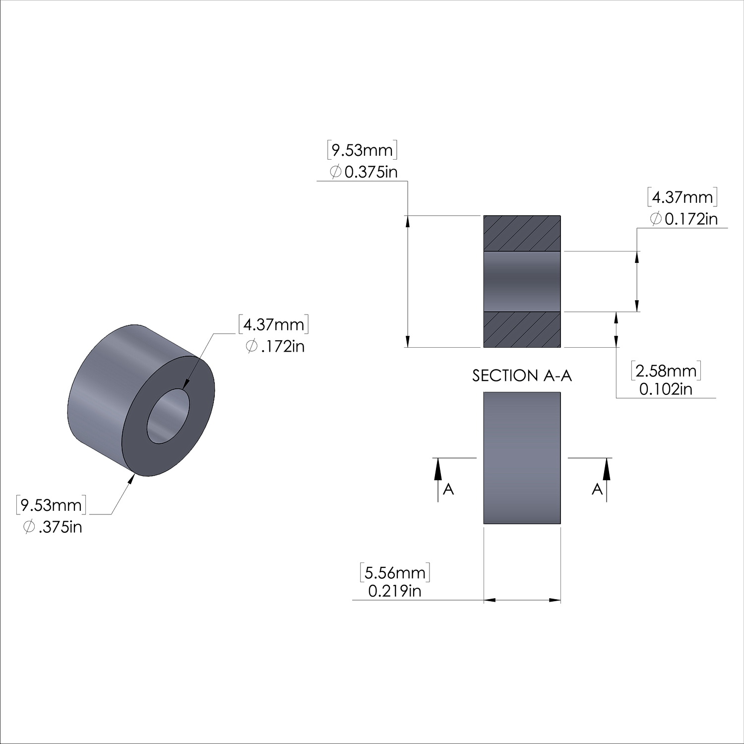 Aluminum Spacer 3/8'' OD x .172'' ID x 7/32'' Long, Plain Aluminum Finish