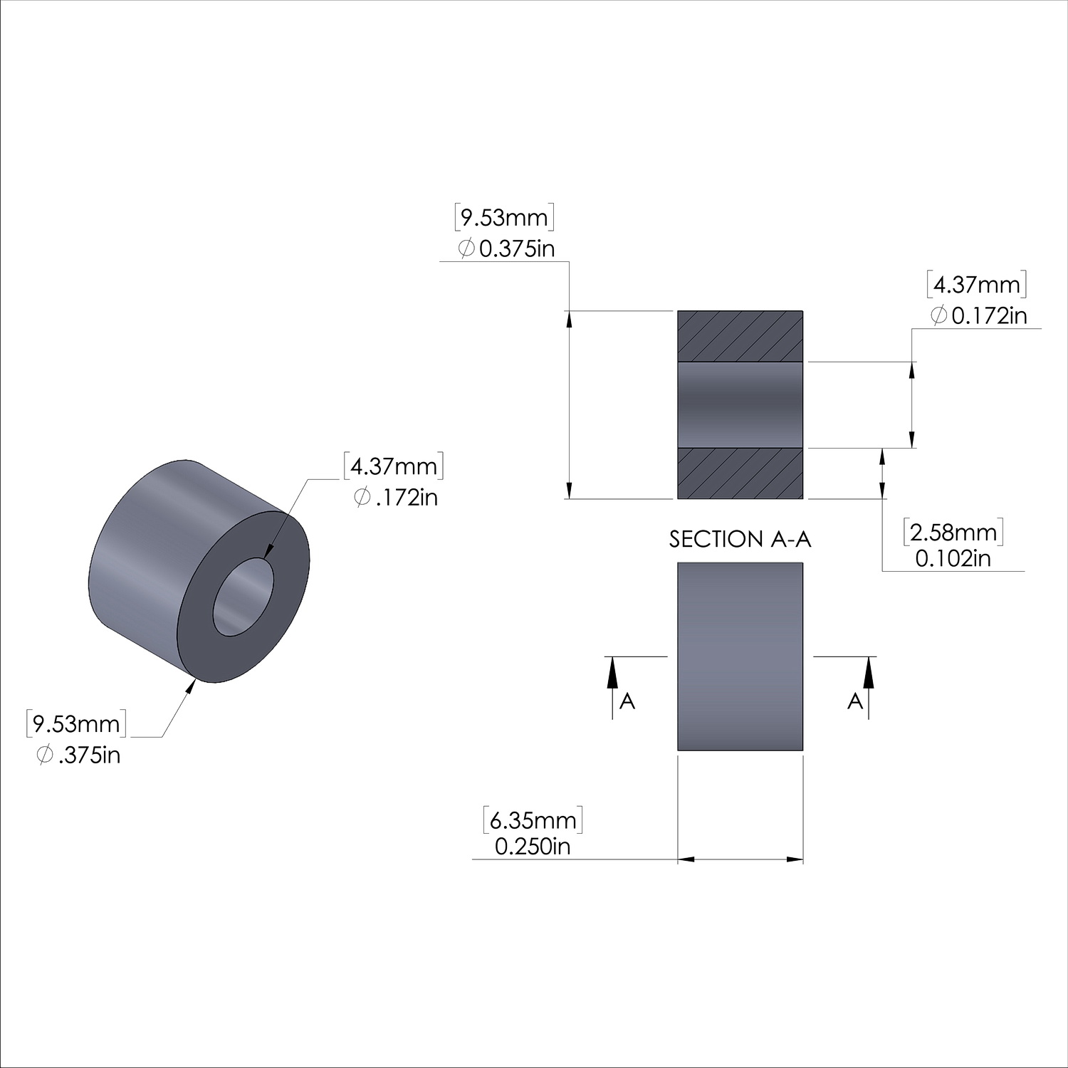 Aluminum Spacer 3/8'' OD x .172'' ID x 1/4'' Long - Black Anodized