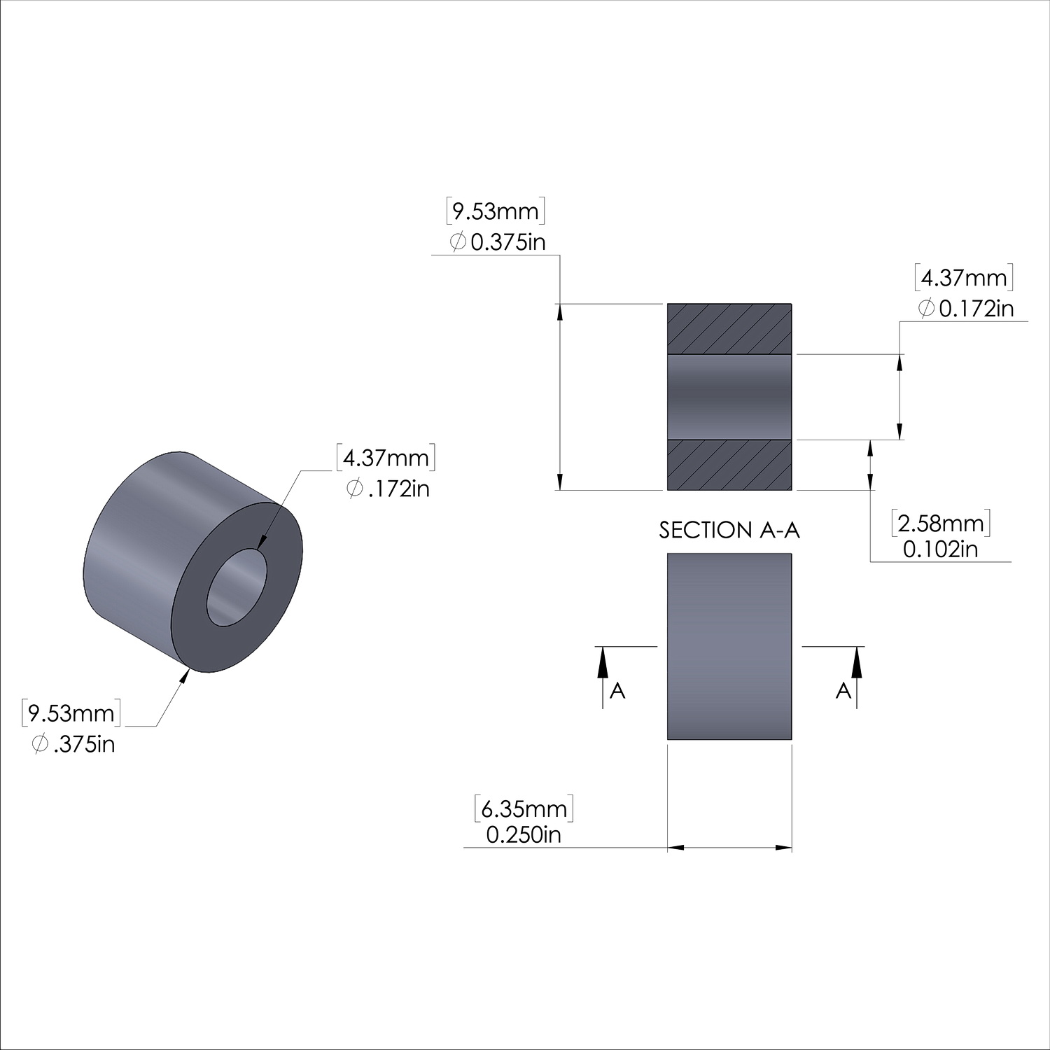 Aluminum Spacer 3/8'' OD x .172'' ID x 1/4'' Long