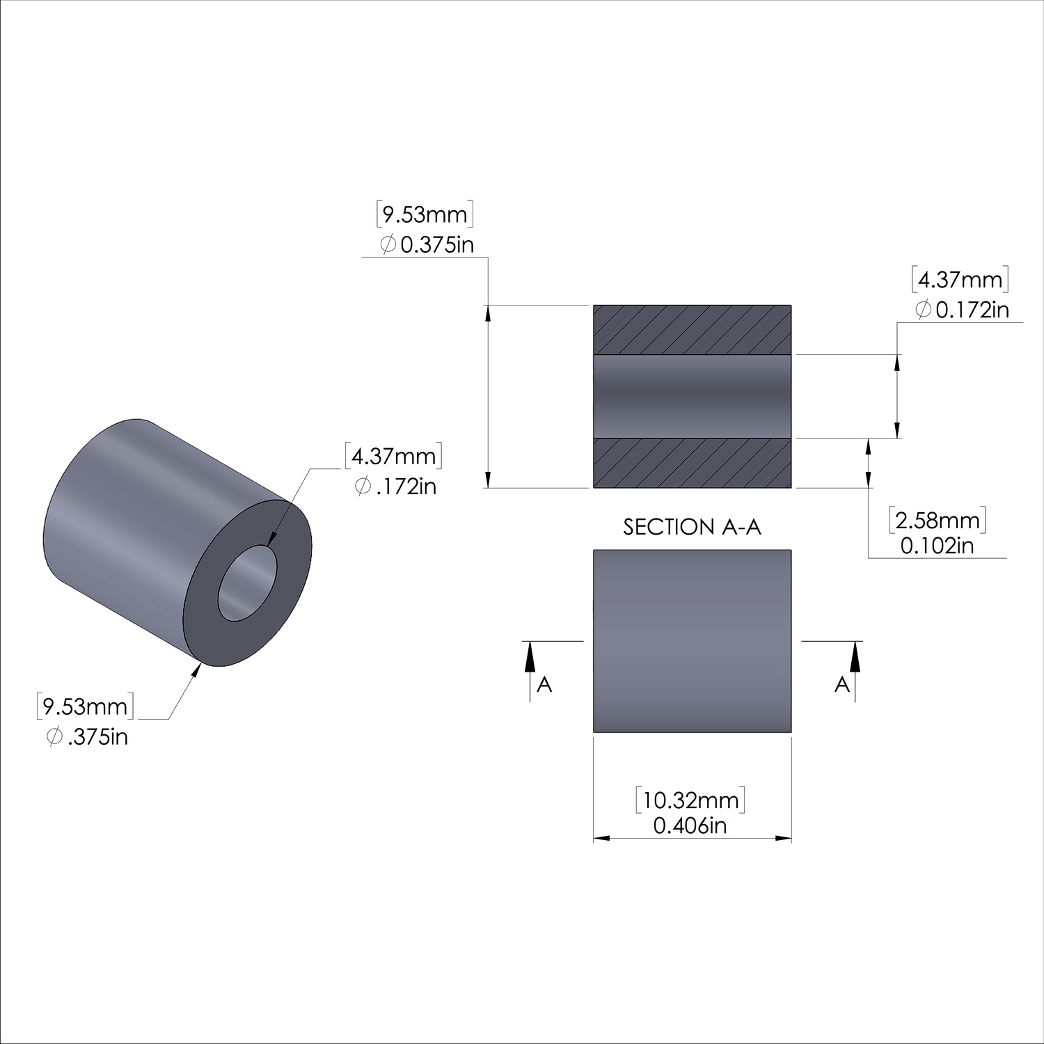 Aluminum Spacer 3/8'' OD x .172'' ID x 13/32'' Long