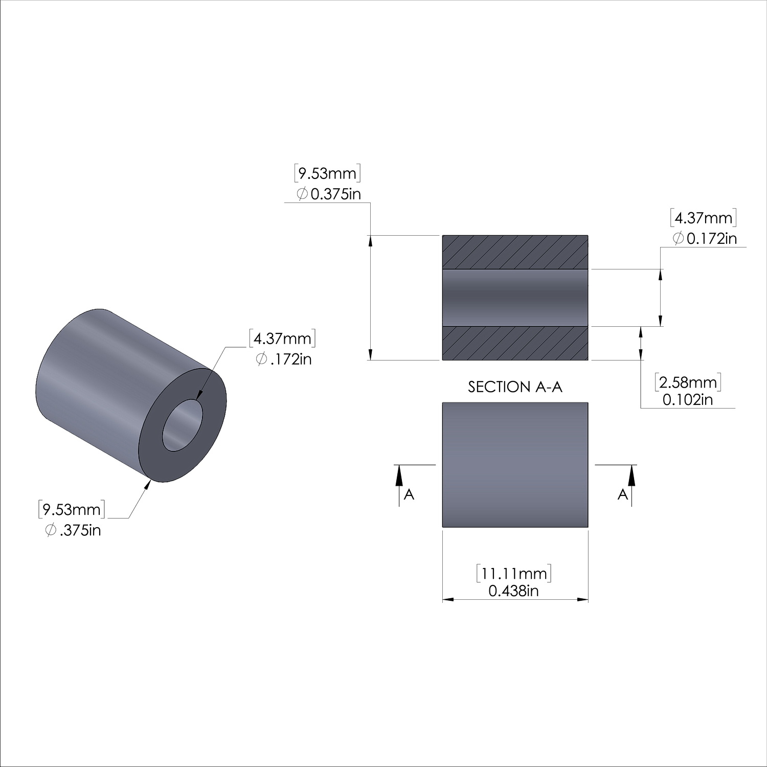 Aluminum Spacer 3/8'' OD x .172'' ID x 7/16'' Long