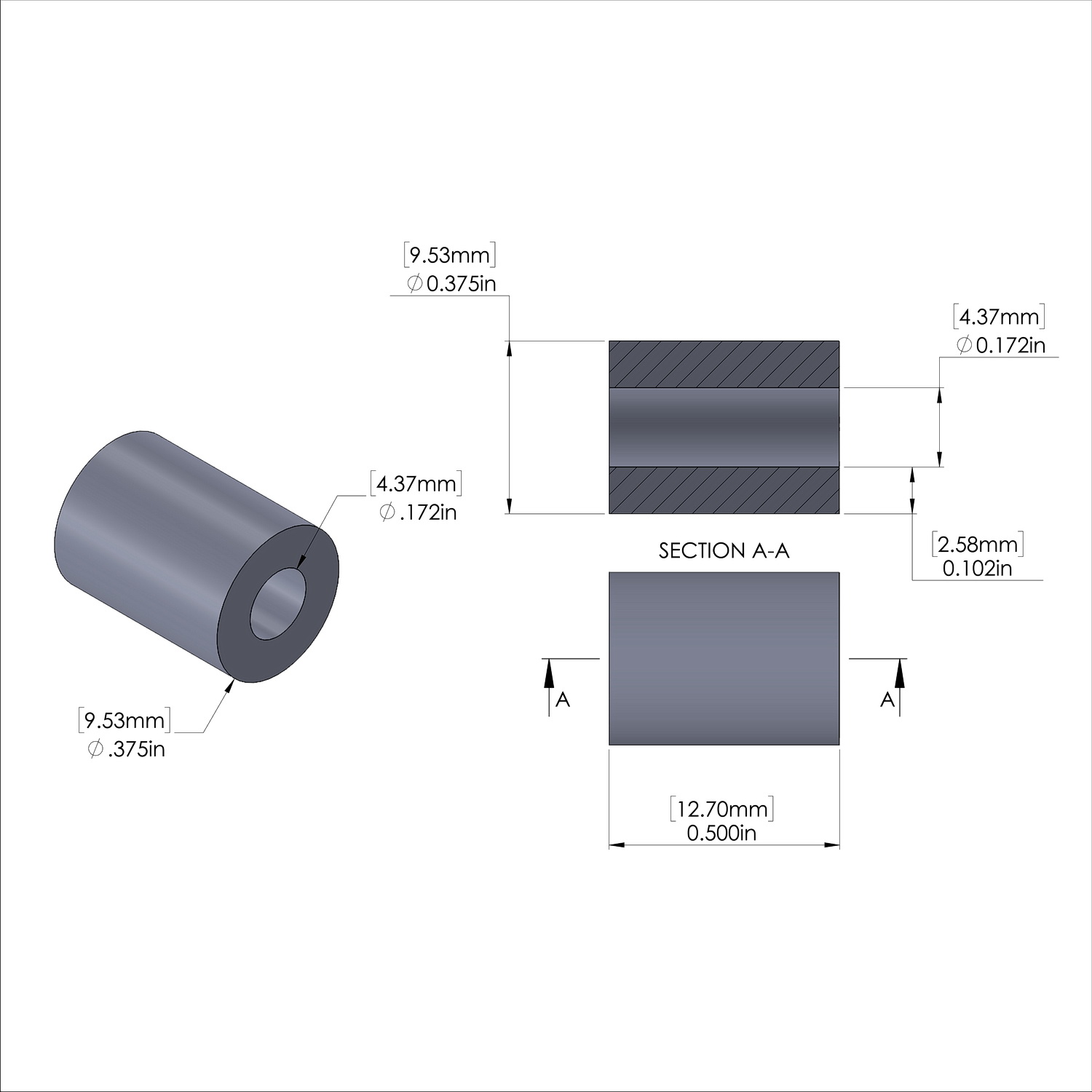 Aluminum Spacer 3/8'' OD x .172'' ID x 1/2'' Long - Black Anodized
