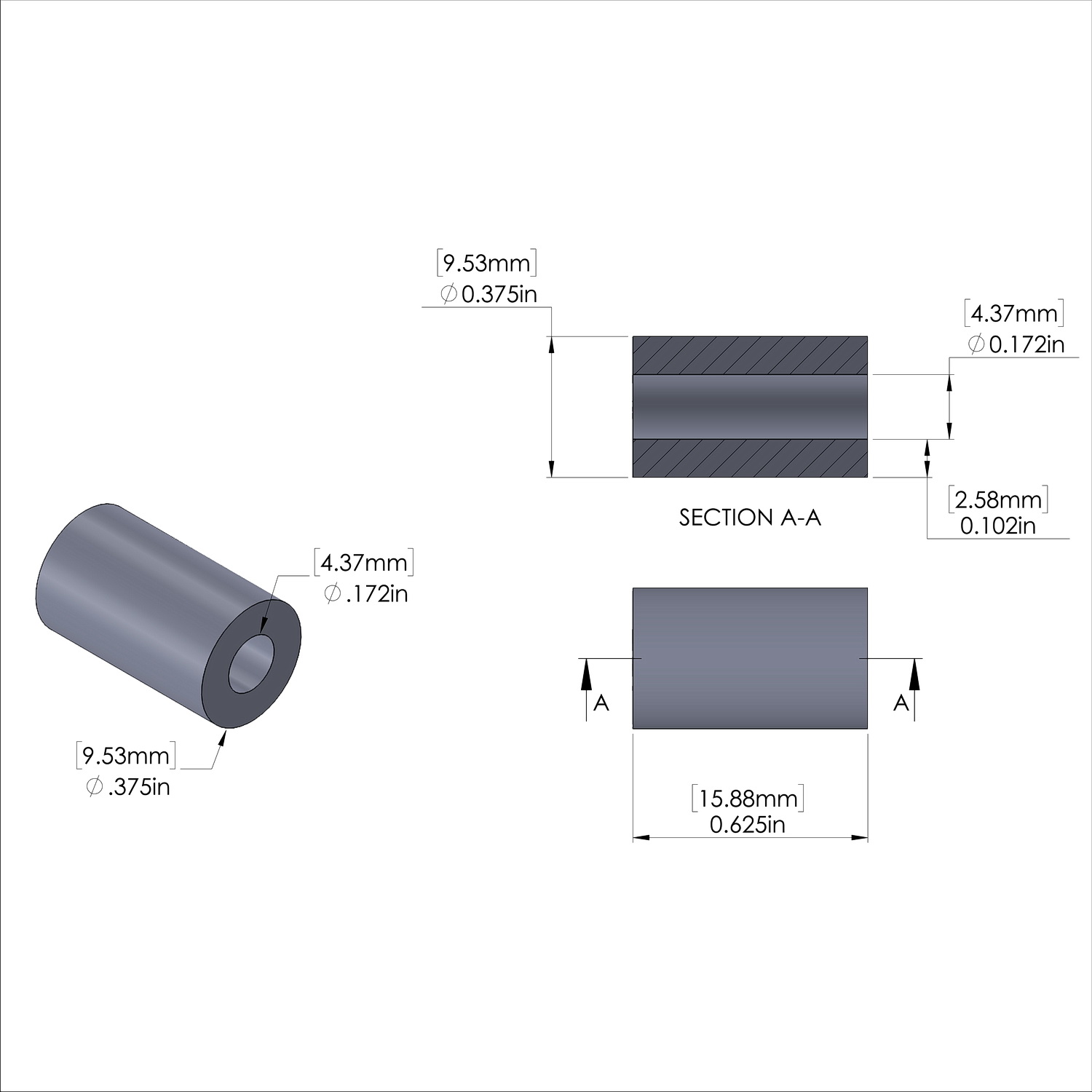 Aluminum Spacer 3/8'' OD x .172'' ID x 5/8'' Long