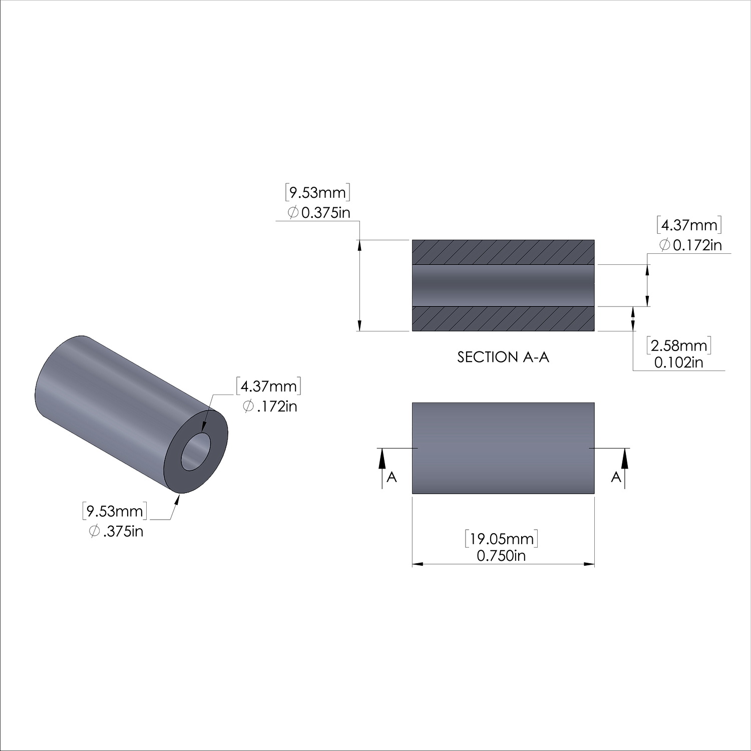 Aluminum Spacer 3/8'' OD x .172'' ID x 3/4'' Long, Black Anodized Finish