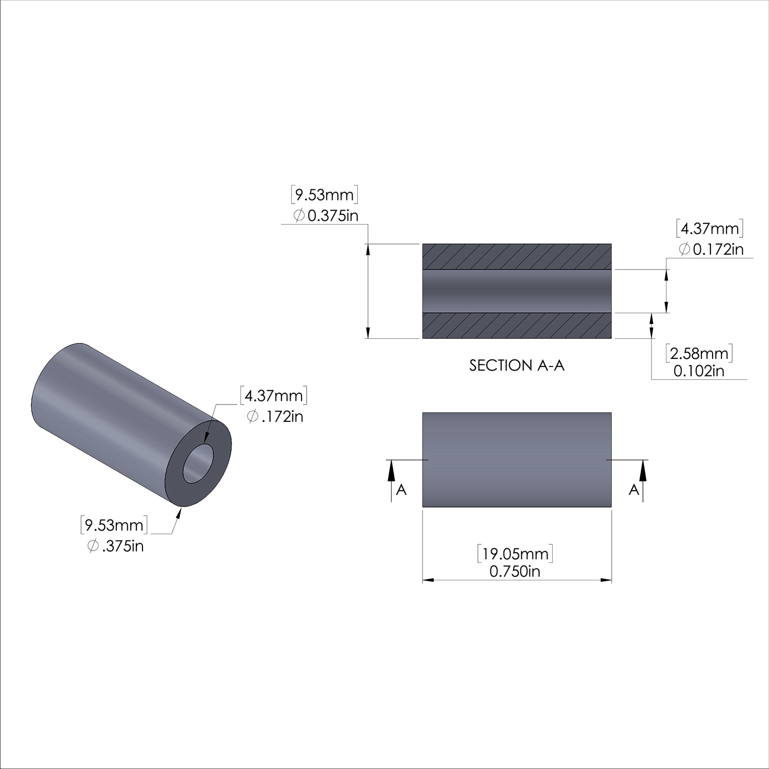Aluminum Spacer 3/8'' OD x .172'' ID x 3/4'' Long