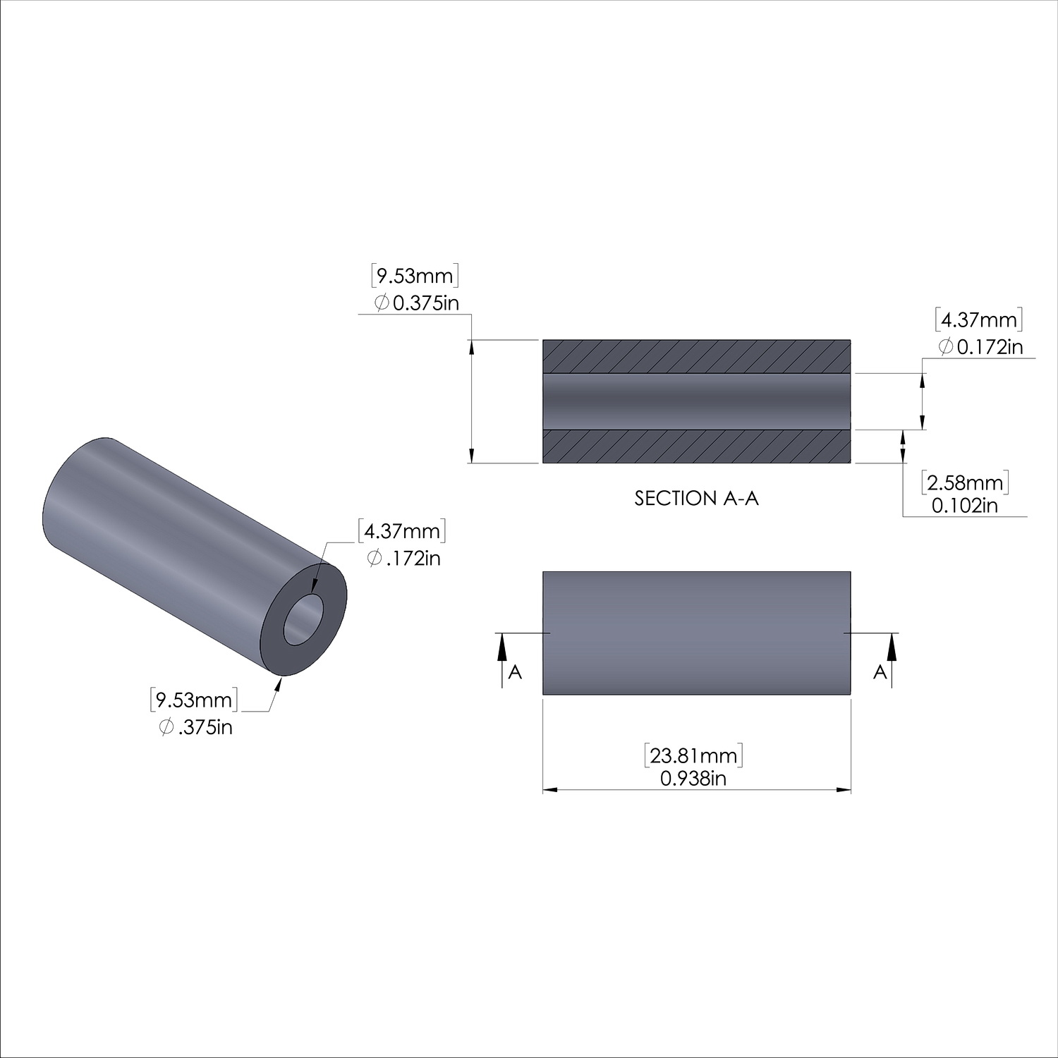 Aluminum Spacer 3/8'' OD x .172'' ID x 15/16'' Long, Plain Aluminum Finish