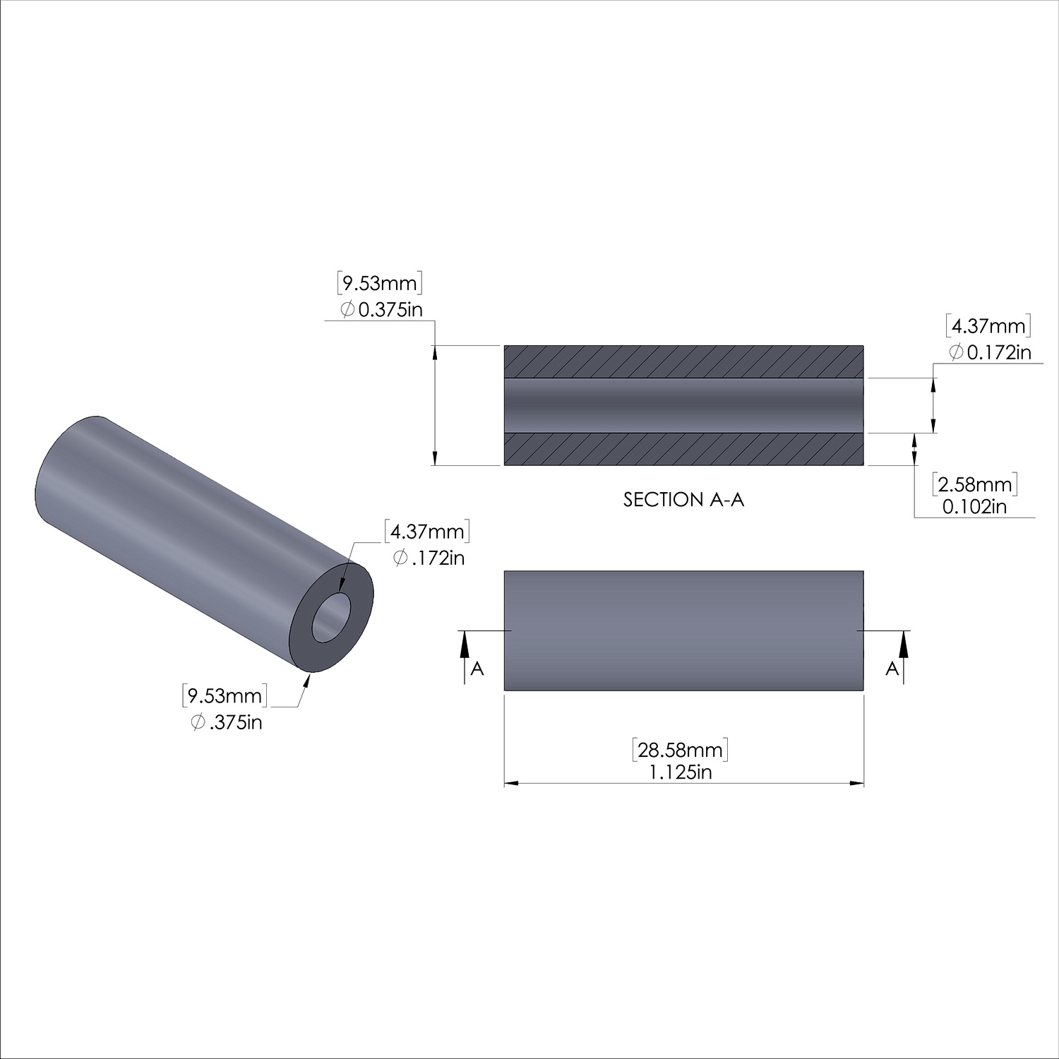 Aluminum Spacer 3/8'' OD x .172'' ID x 1-1/8'' Long