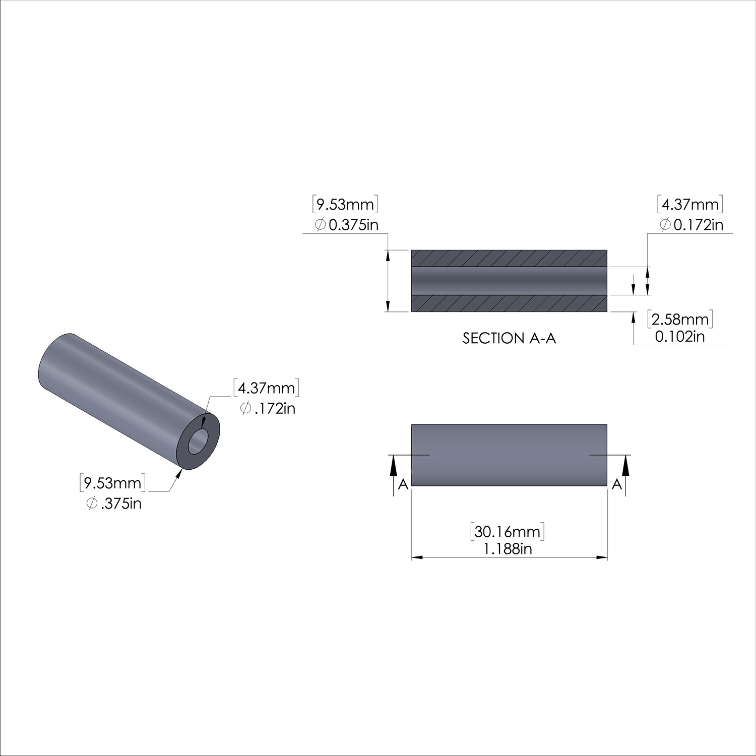 Aluminum Spacer 3/8'' OD x .172'' ID x 1-3/16'' Long, Plain Aluminum Finish