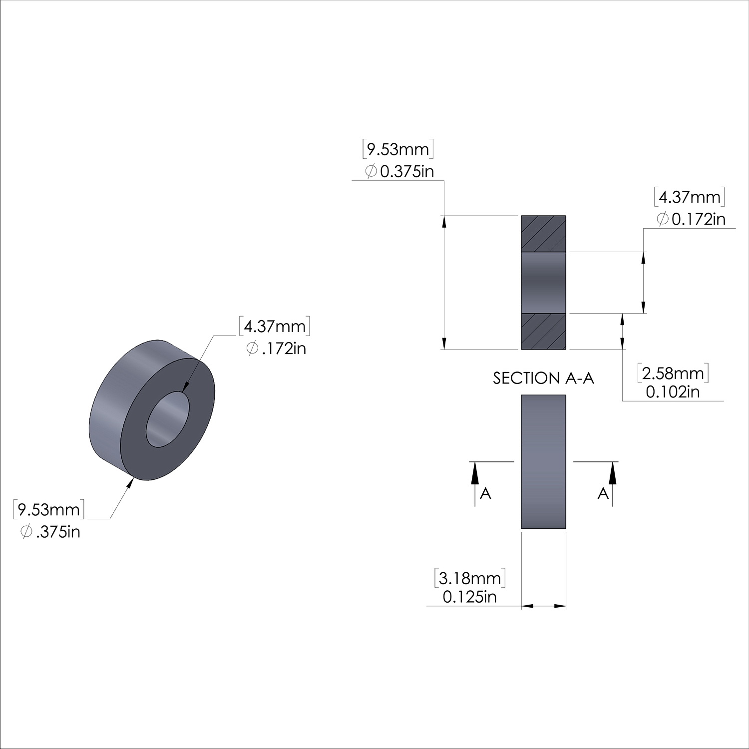 Aluminum Spacer 3/8'' OD x .172'' ID x 1/8'' Long - Black Anodized