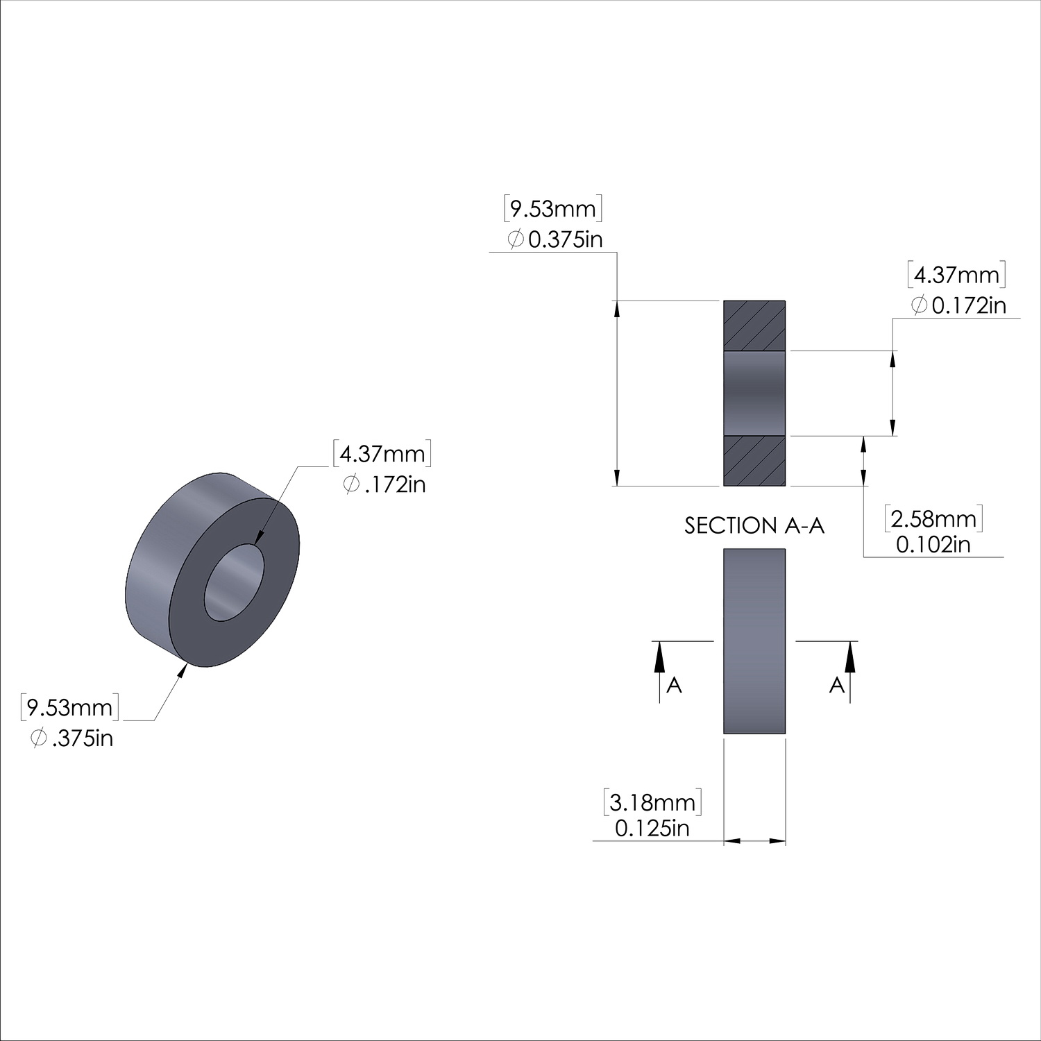 Aluminum Spacer 3/8'' OD x .172'' ID x 1/8'' Long, Plain Aluminum Finish
