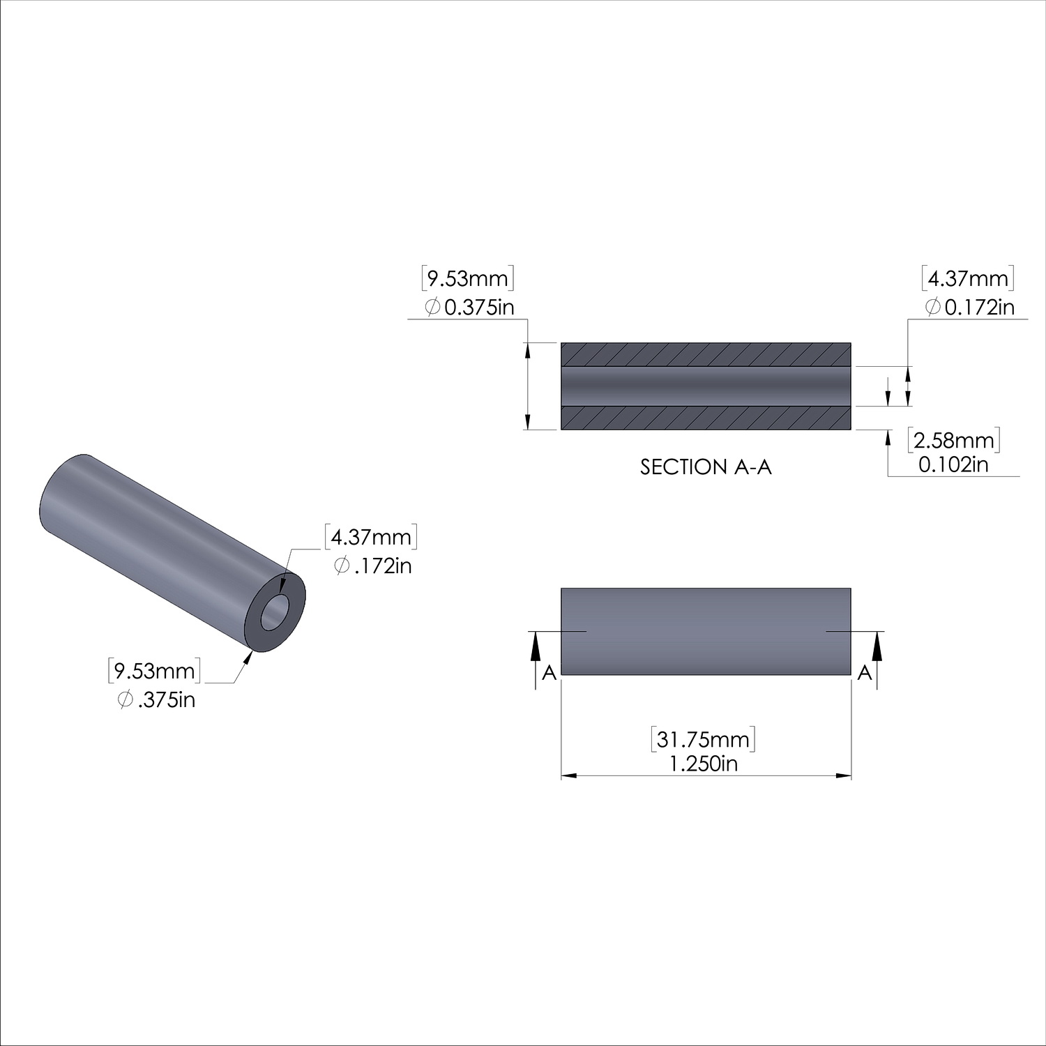 Aluminum Spacer 3/8'' OD x .172'' ID x 1-1/4'' Long - Black Anodized