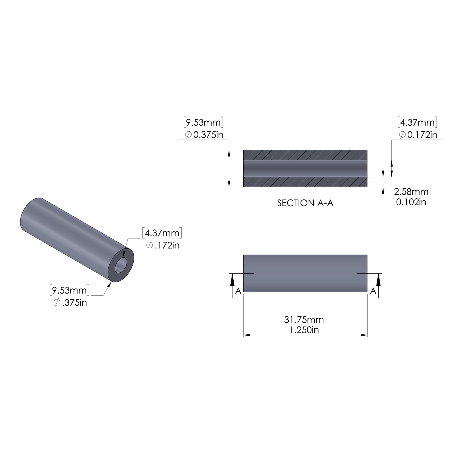 Aluminum Spacer 3/8'' OD x .172'' ID x 1-1/4'' Long, Plain Aluminum Finish