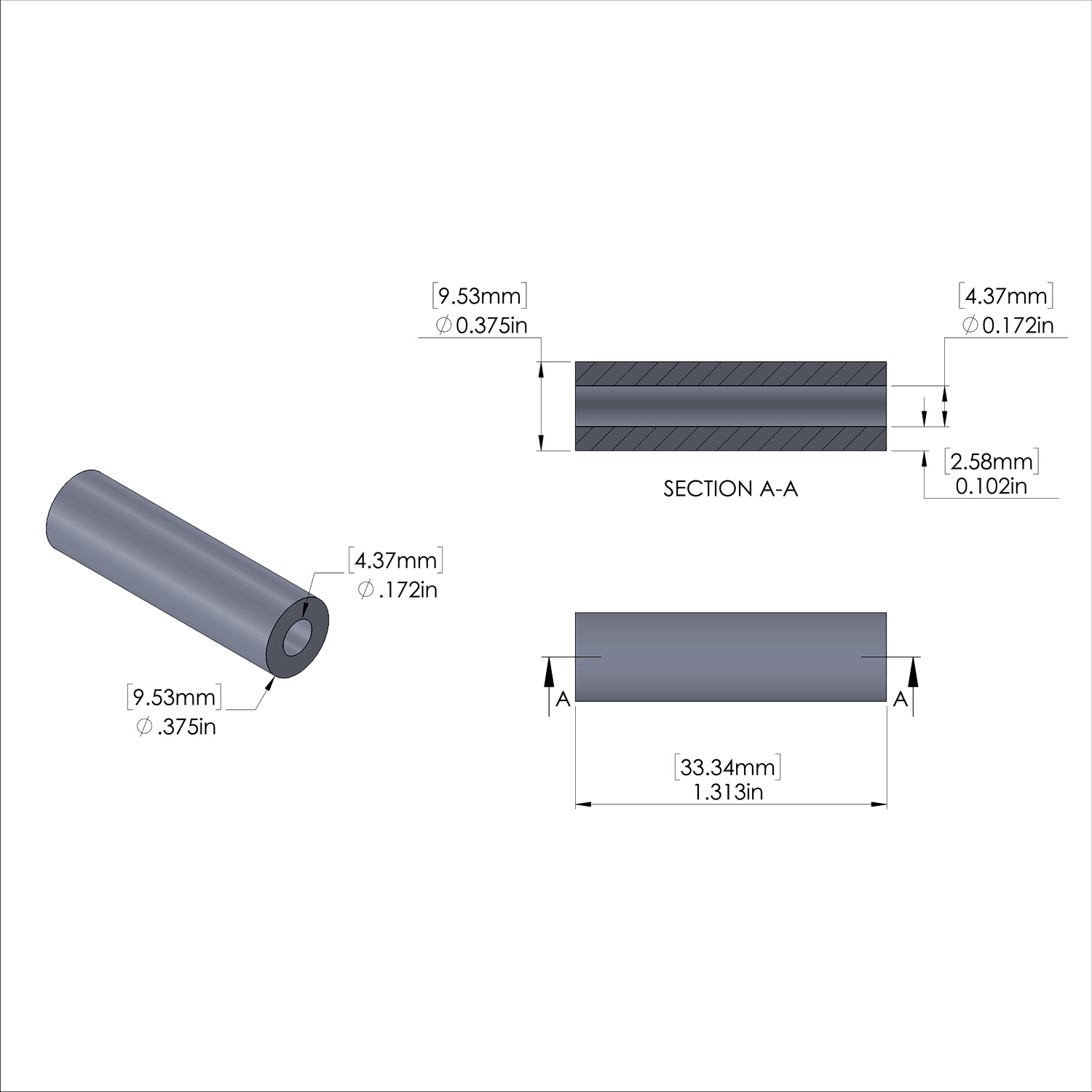 Aluminum Spacer 3/8'' OD x .172'' ID x 1-5/16'' Long, Plain Aluminum Finish