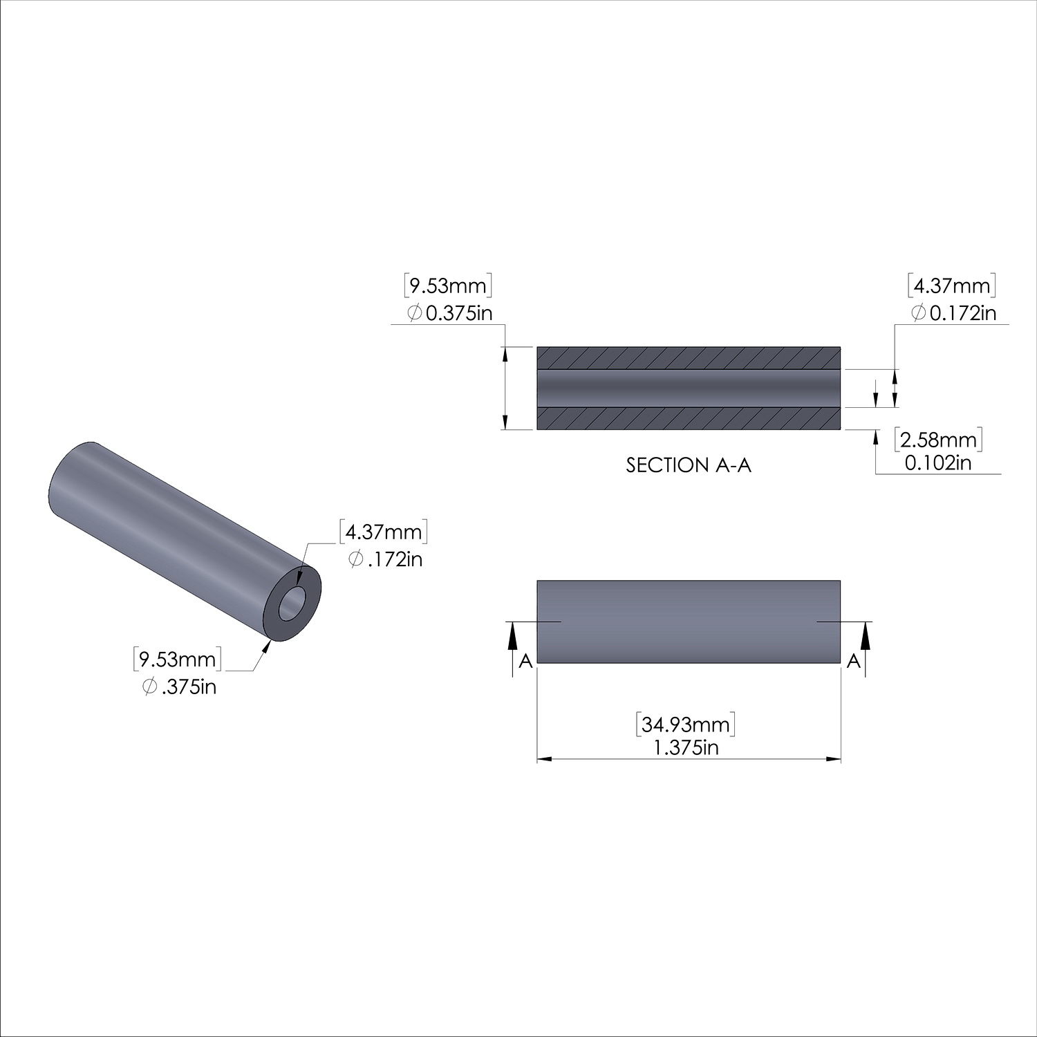 Aluminum Spacer 3/8'' OD x .172'' ID x 1-3/8'' Long