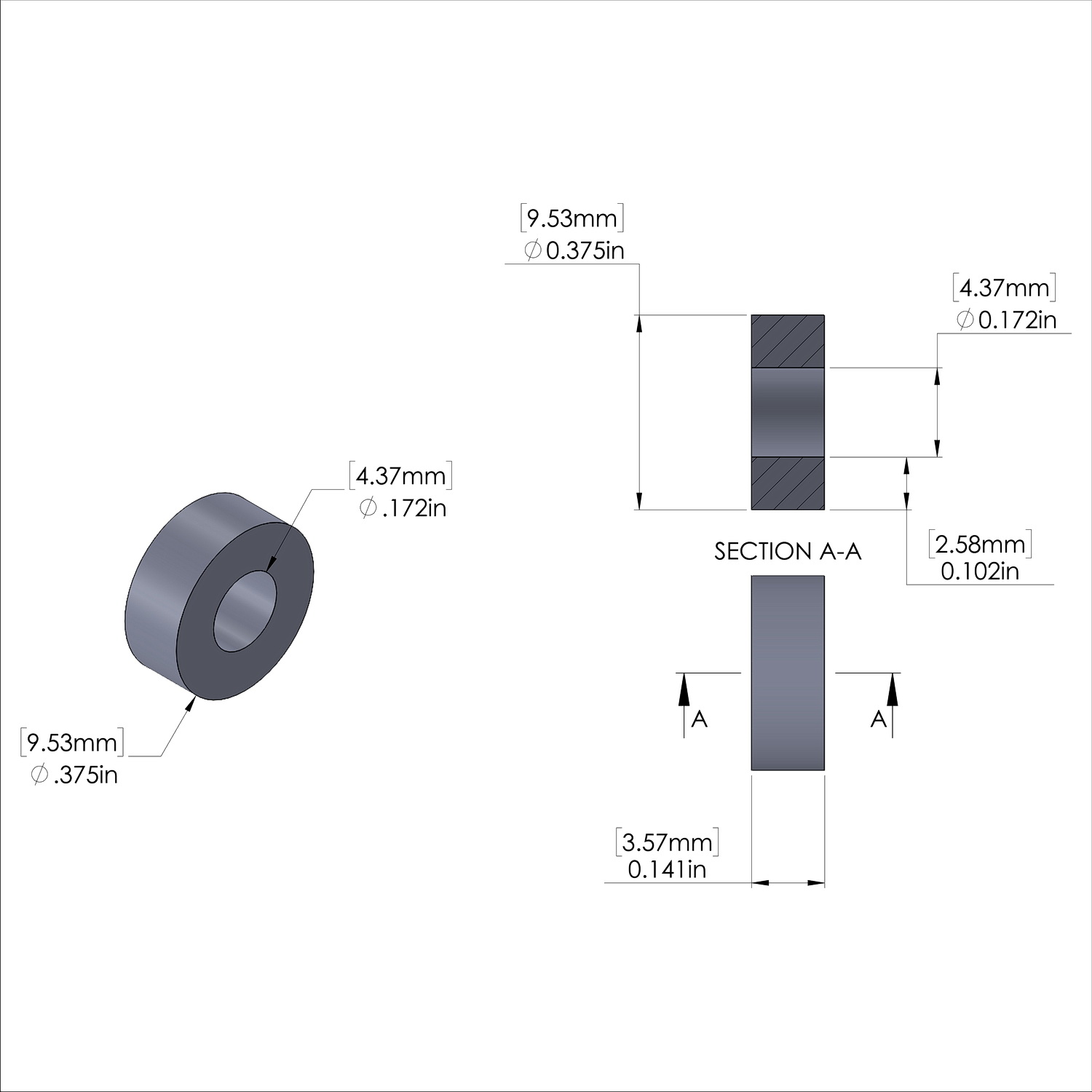 Aluminum Spacer 3/8'' OD x .172'' ID x 9/64'' Long, Plain Aluminum Finish