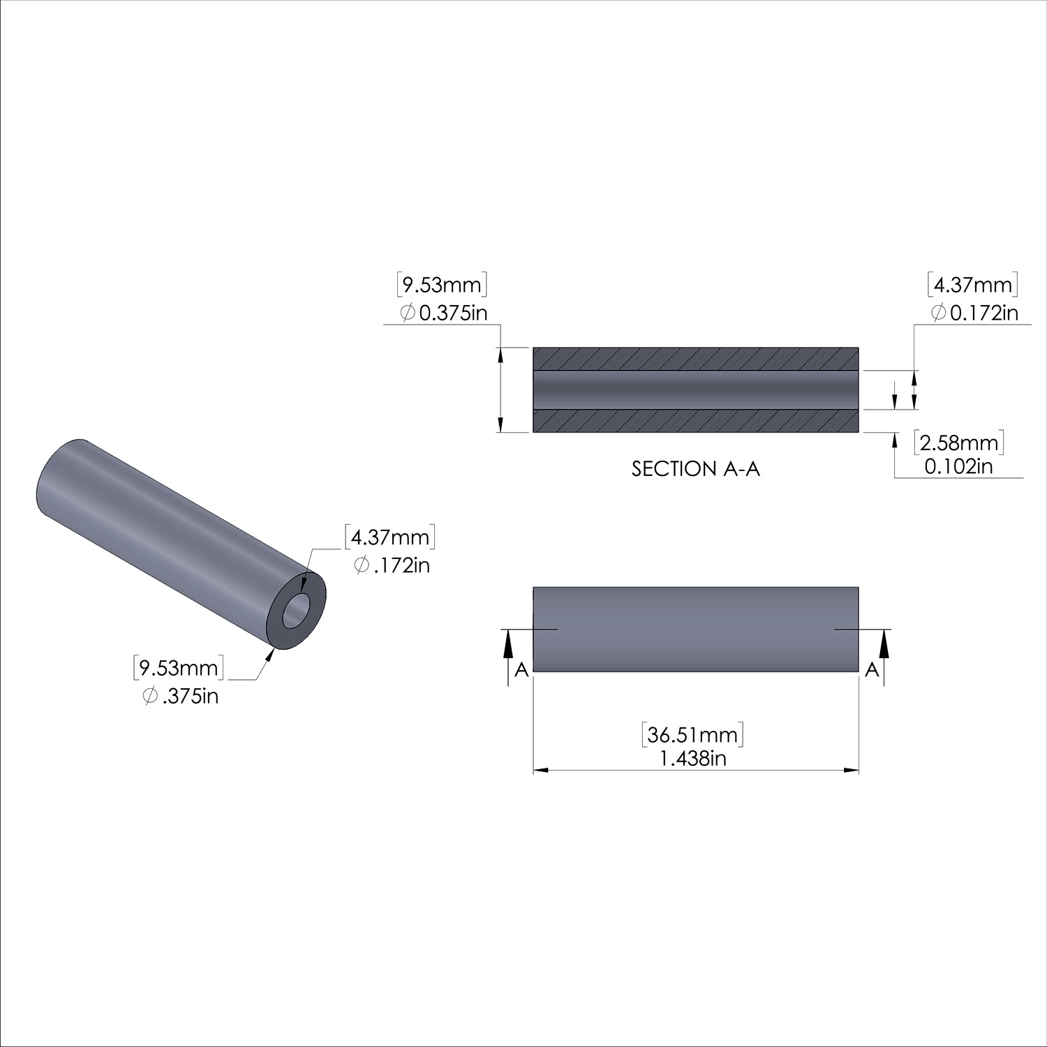 Aluminum Spacer 3/8'' OD x .172'' ID x 1-7/16'' Long, Plain Aluminum Finish