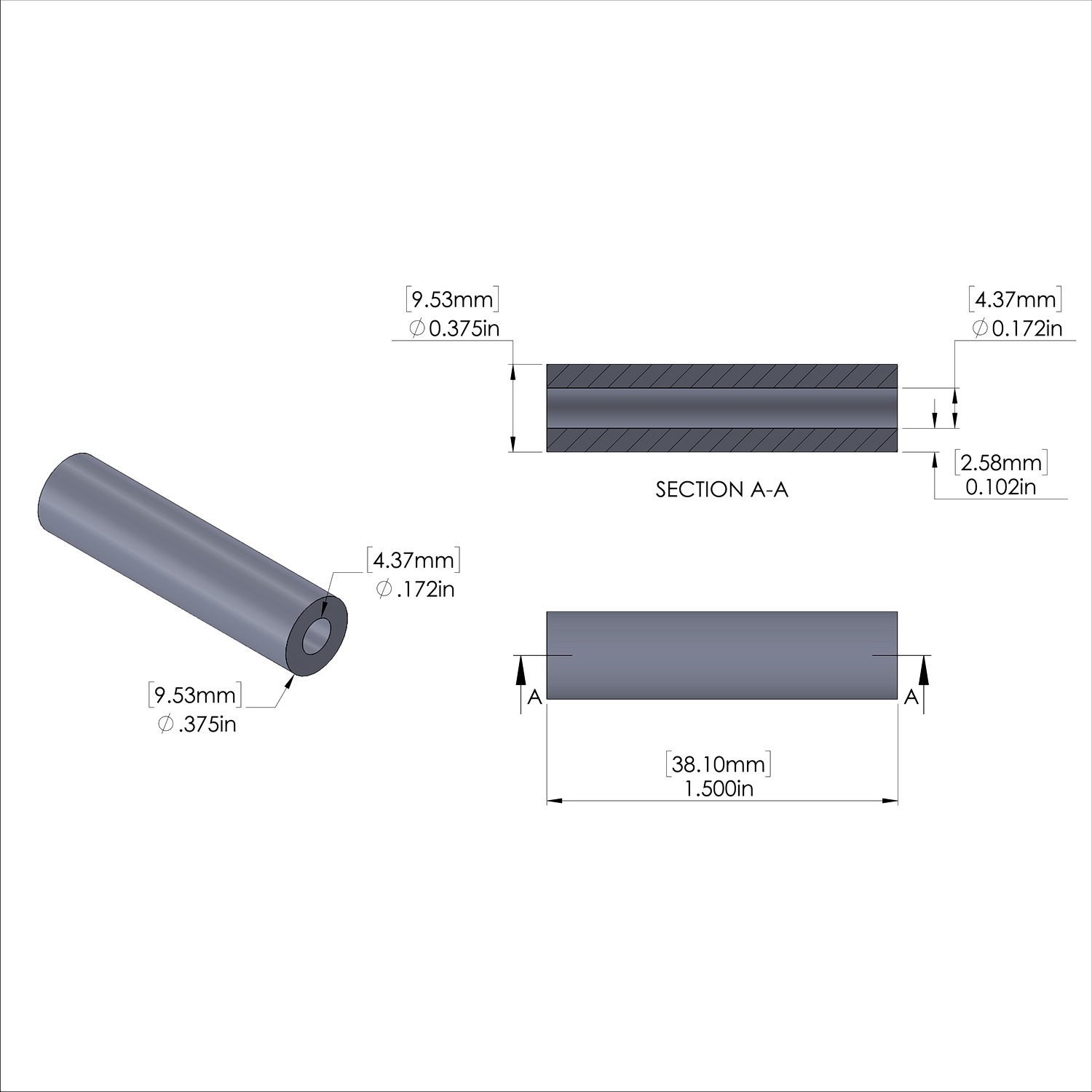 Aluminum Spacer 3/8'' OD x .172'' ID x 1-1/2'' Long, Black Anodized Finish