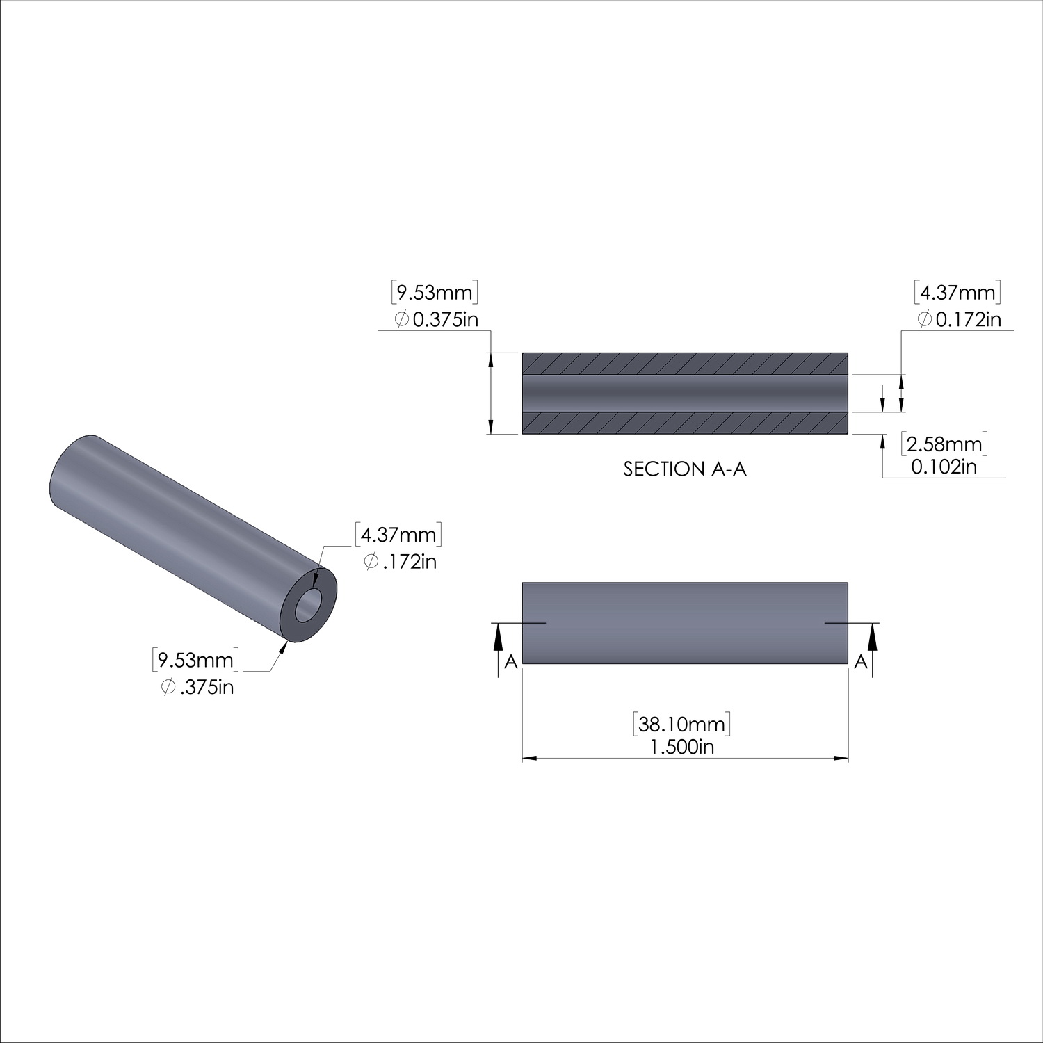 Aluminum Spacer 3/8'' OD x .172'' ID x 1-1/2'' Long, Plain Aluminum Finish