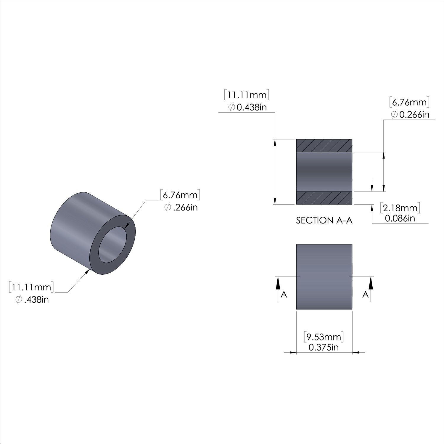 Aluminum Spacer 7/16'' OD x .266'' ID x 3/8'' Long