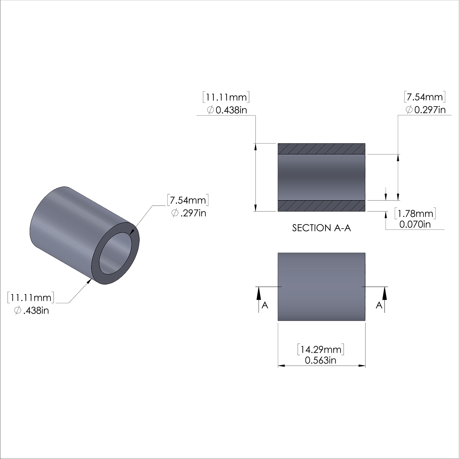 Aluminum Spacer 7/16'' OD x .297'' ID x 9/16'' Long