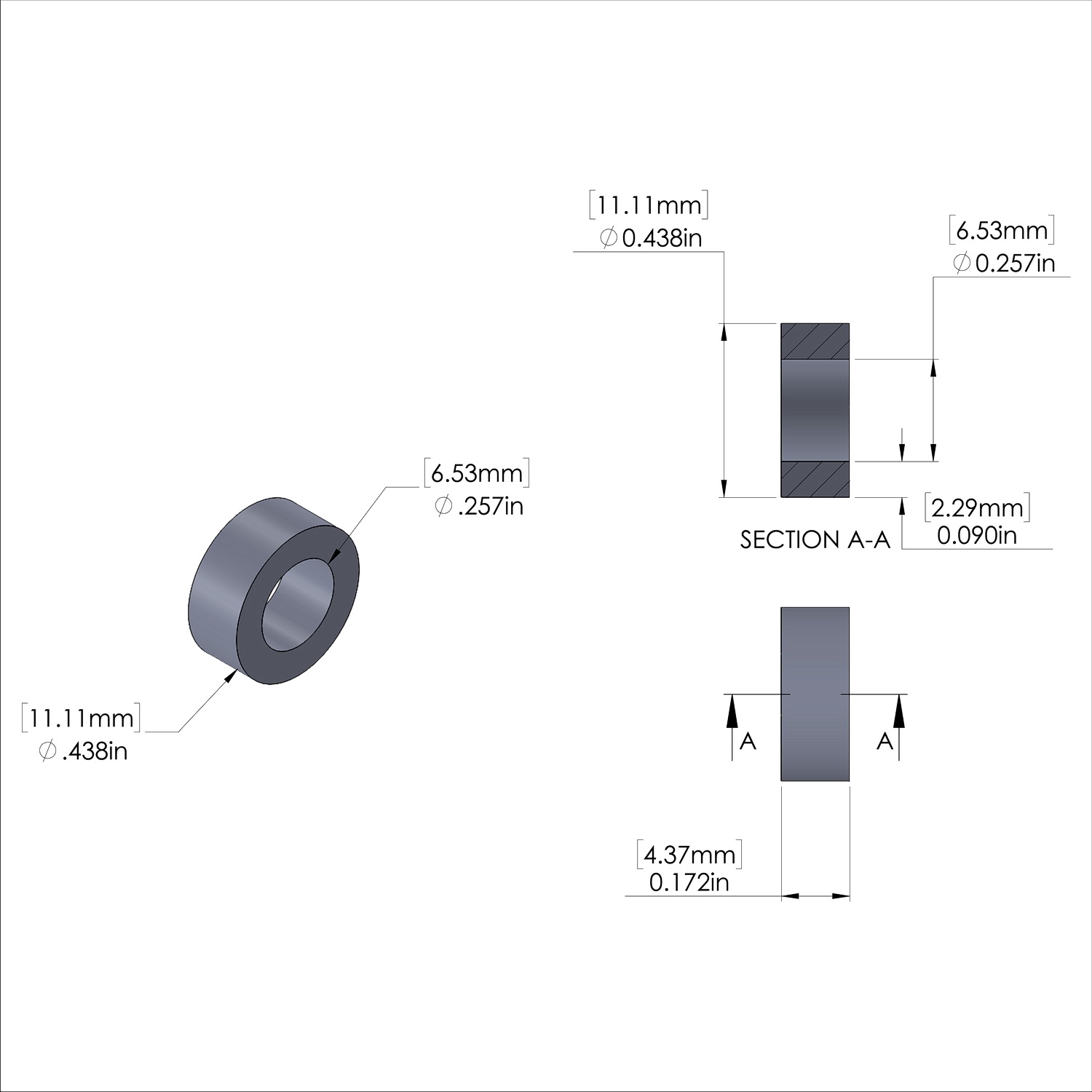 Aluminum Spacer 7/16'' OD x .257'' ID x 11/64'' Long, Plain Aluminum Finish