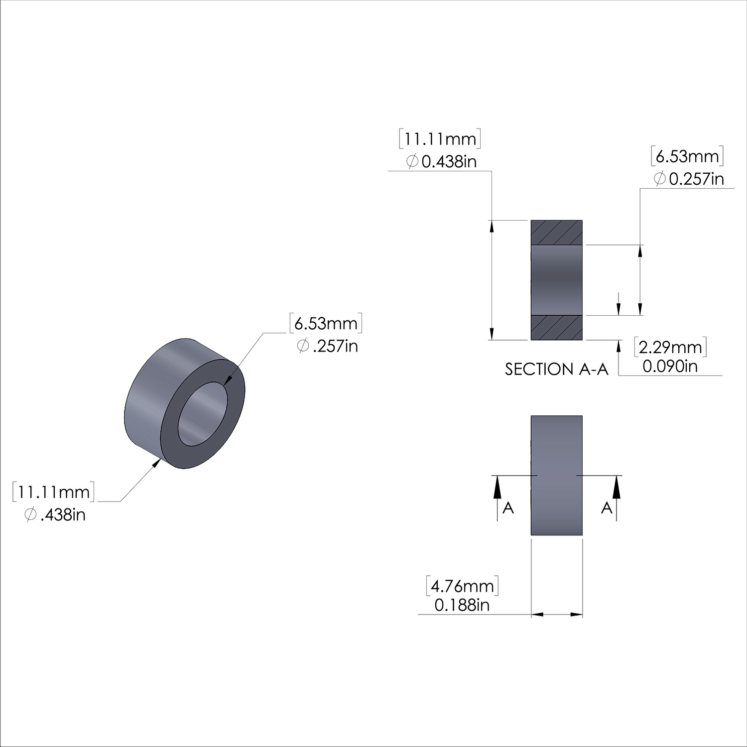 Aluminum Spacer 7/16'' OD x .257'' ID x 3/16'' Long-Black Anodized